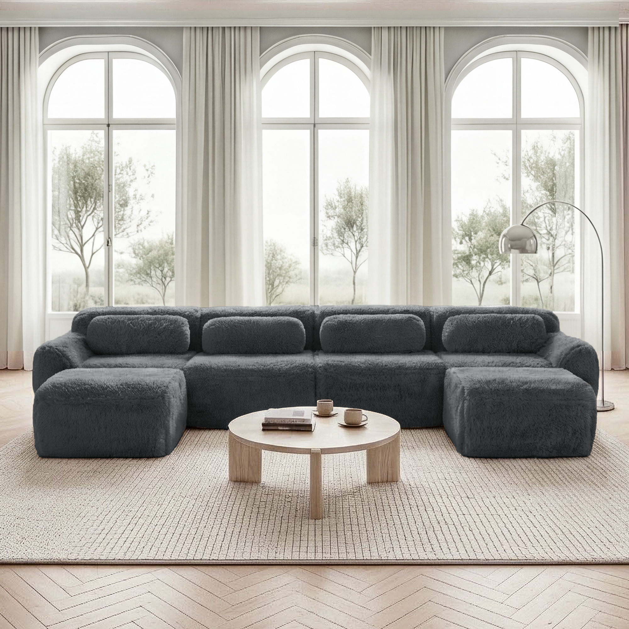 Canapé Modulable En U Gris 4 Places Canapé Panoramique Salon Tissu Peluche Confortable Sans Dossier Avec Coussins Inclus