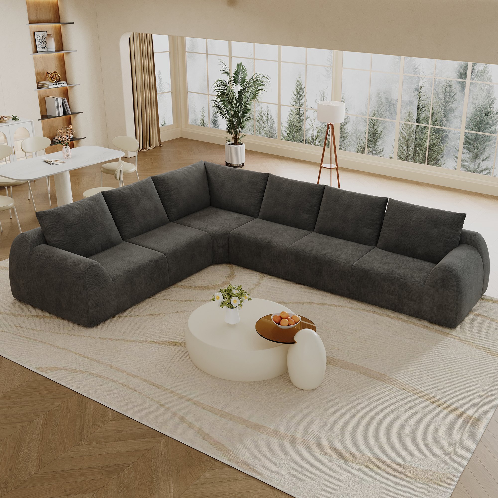 Canapé d'angle 334x267cm en tissu chenille gris foncé, rembourré mousse haute élasticité, sans montage requis pour salon et chambre à coucher moderne