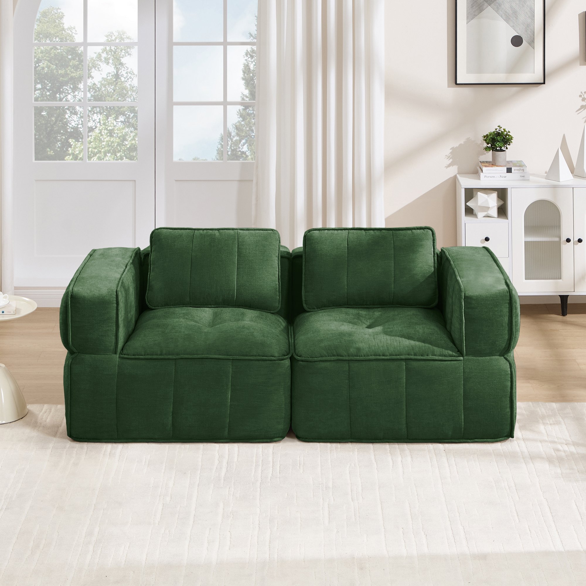 Canapé 2 places vert en polyester, canapé d'angle sans cadre avec mousse haute densité 32D, assise profonde et confort moderne pour le salon, aucune installation requise.