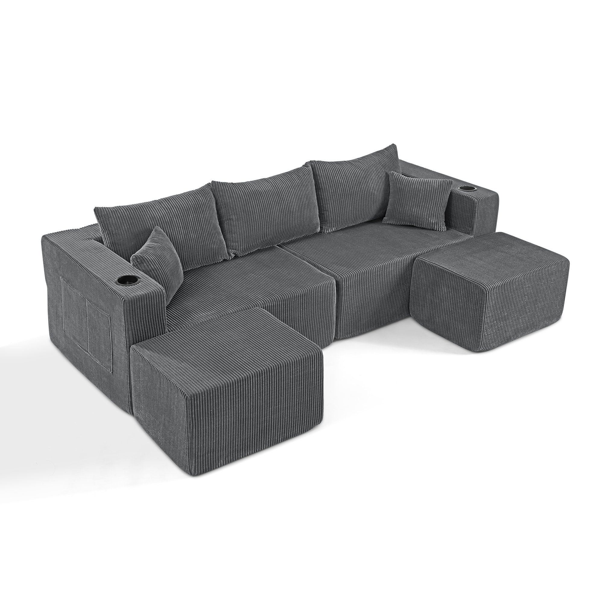 Canapé d'angle modulable 3 places en corduroy gris, sans cadre avec poufs mobiles, porte-gobelets et poches de rangement intégrées