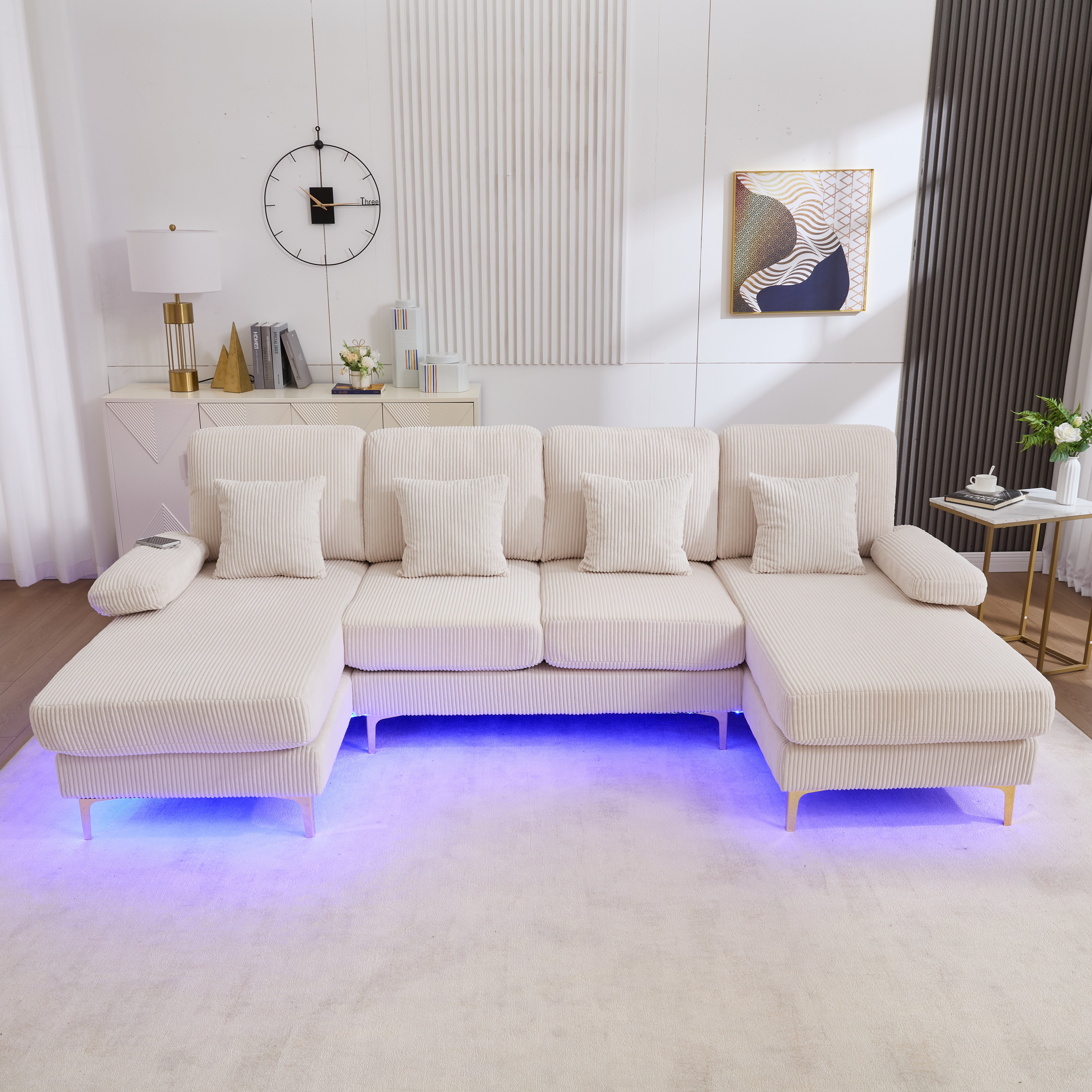 Canapé en U 4 places en velours beige, cadre en bois massif et coussins en mousse, éclairage LED