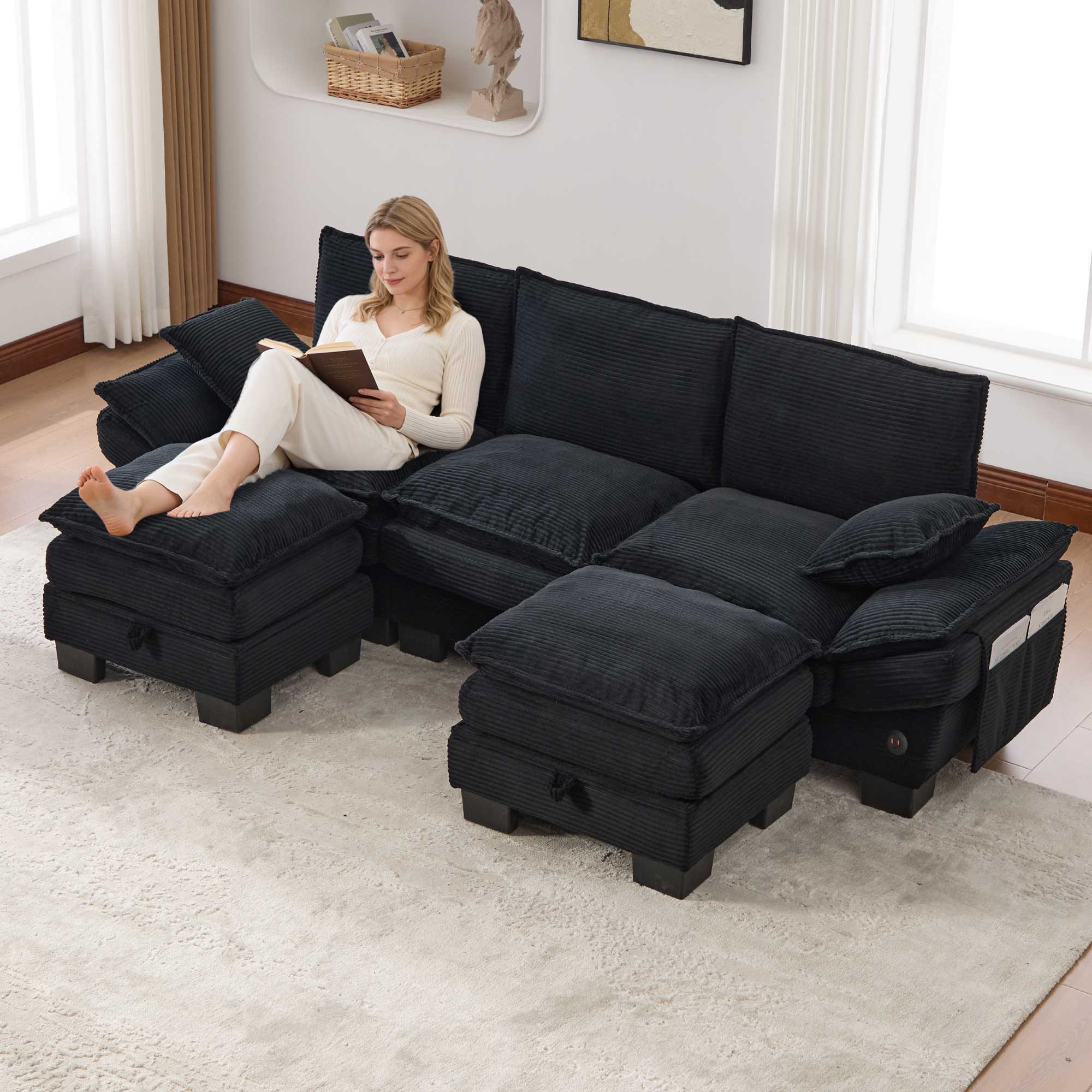 Canapé d'angle 3 places 260x132x84 cm avec 2 poufs et coffre de rangement intégré sous le pouf