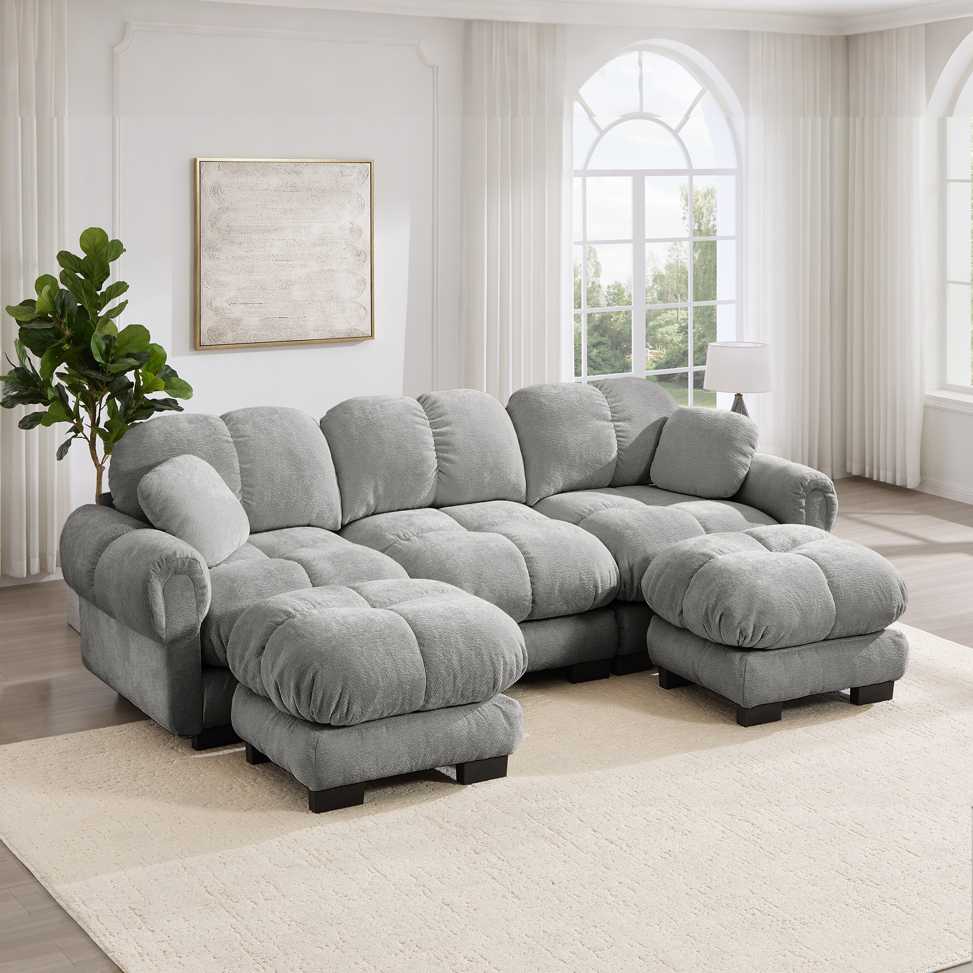 Canapé panoramique 3 places en U, revêtement Chenille gris clair, incluant ottomane mobile et coussins décoratifs pour salon moderne