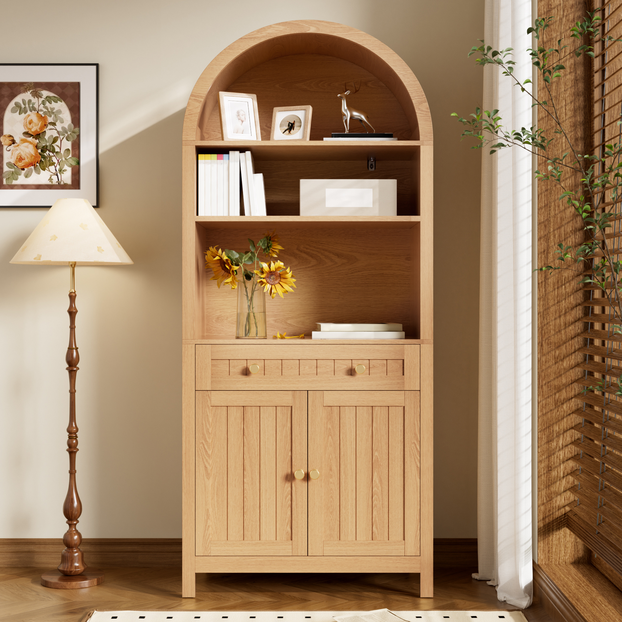 Buffet Cuisine Moderne Arc Naturel, Armoire Stockage Vaisselle avec Double Porte Intégrée et Organisateur Épices 76x40x180 cm