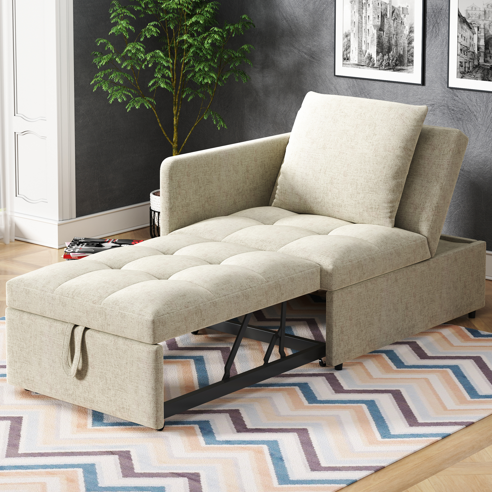 Lit avec rangement beige 177x68x65 cm en lin rembourré avec dossier réglable 5 positions et tiroirs intégrés