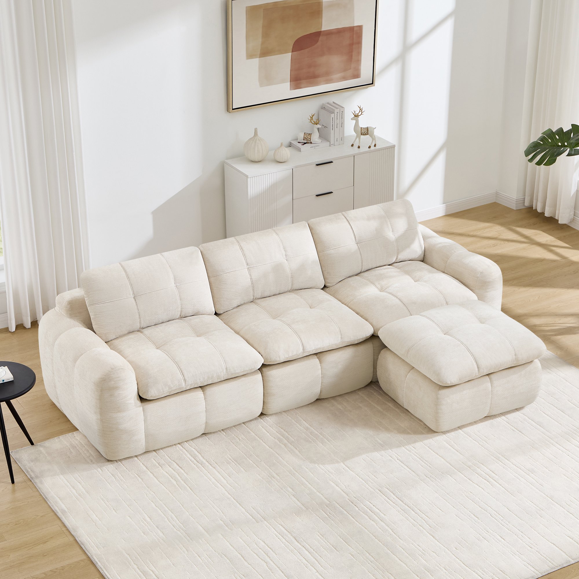 Canapé d'angle modulable 3 places en chenille beige sans cadre avec ottoman, mousse 32D haute densité et confort ergonomique pour salon ou appartement
