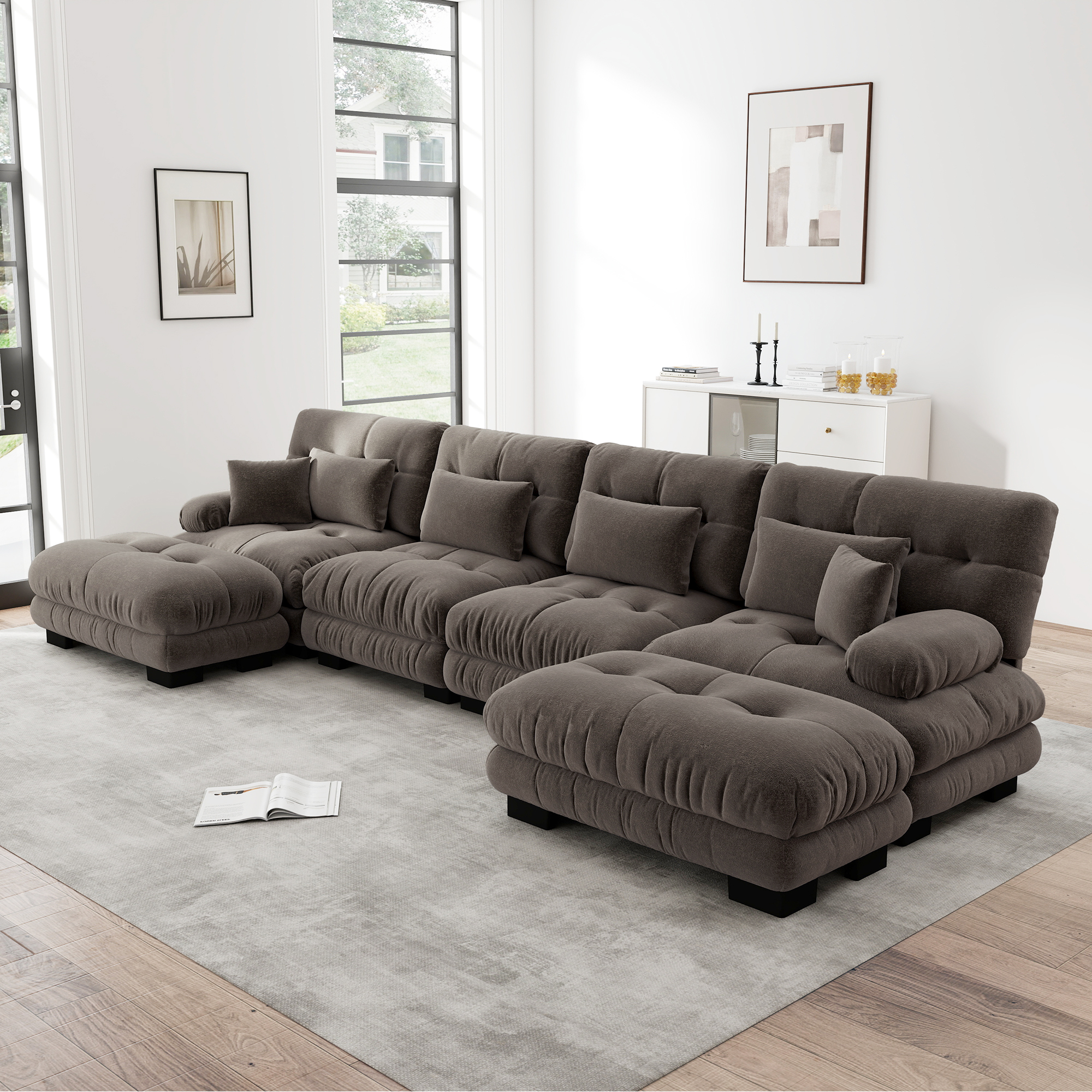 Canapé Modulable 4 Places Avec Ottoman Mobile, Coussins Cloud Sans Ressorts Mousse Élastique, Design Contemporain