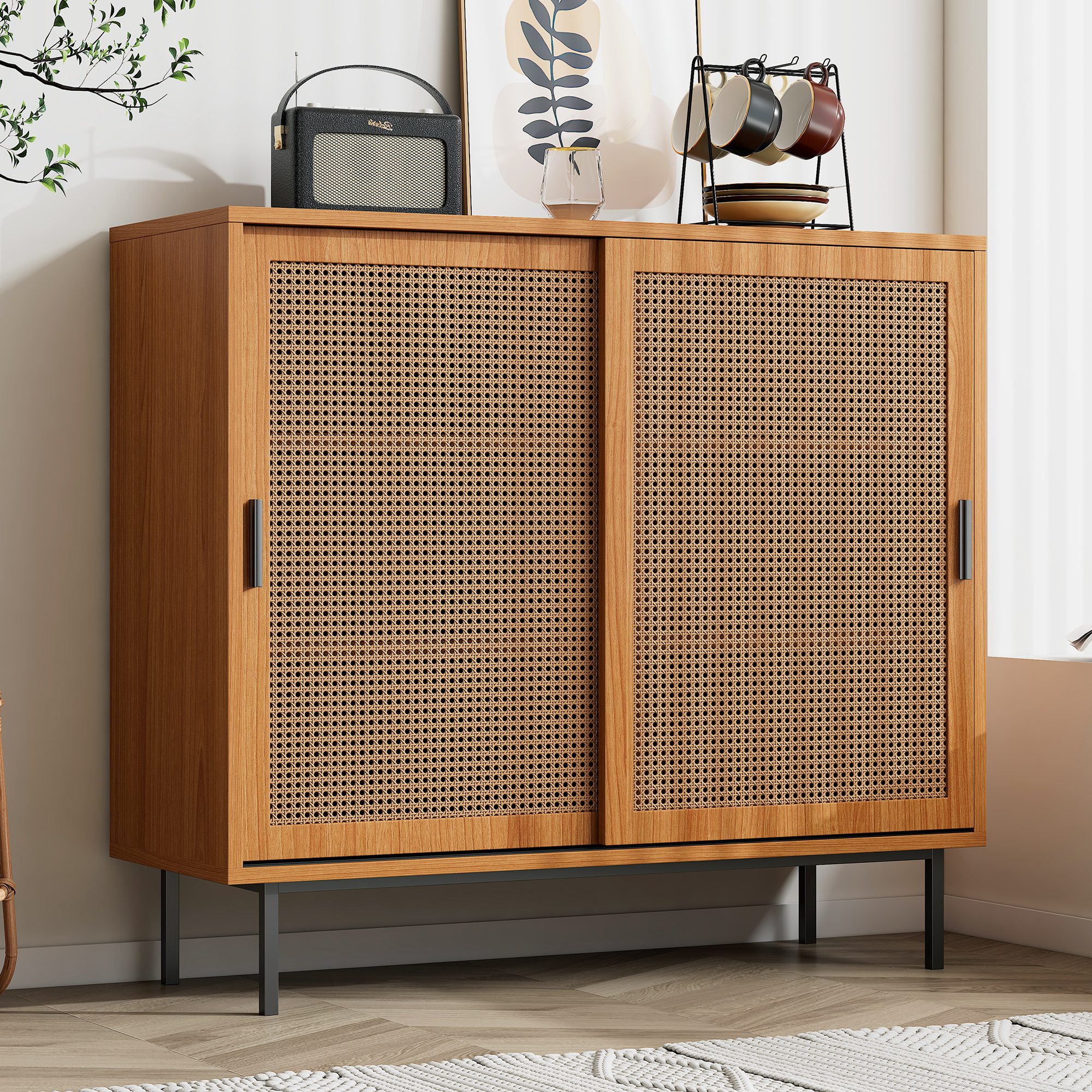 Buffet de cuisine 100x90x37 cm, Meuble de rangement compact avec 2 portes coulissantes et étagères réglables, Idéal Salon et Cuisine
