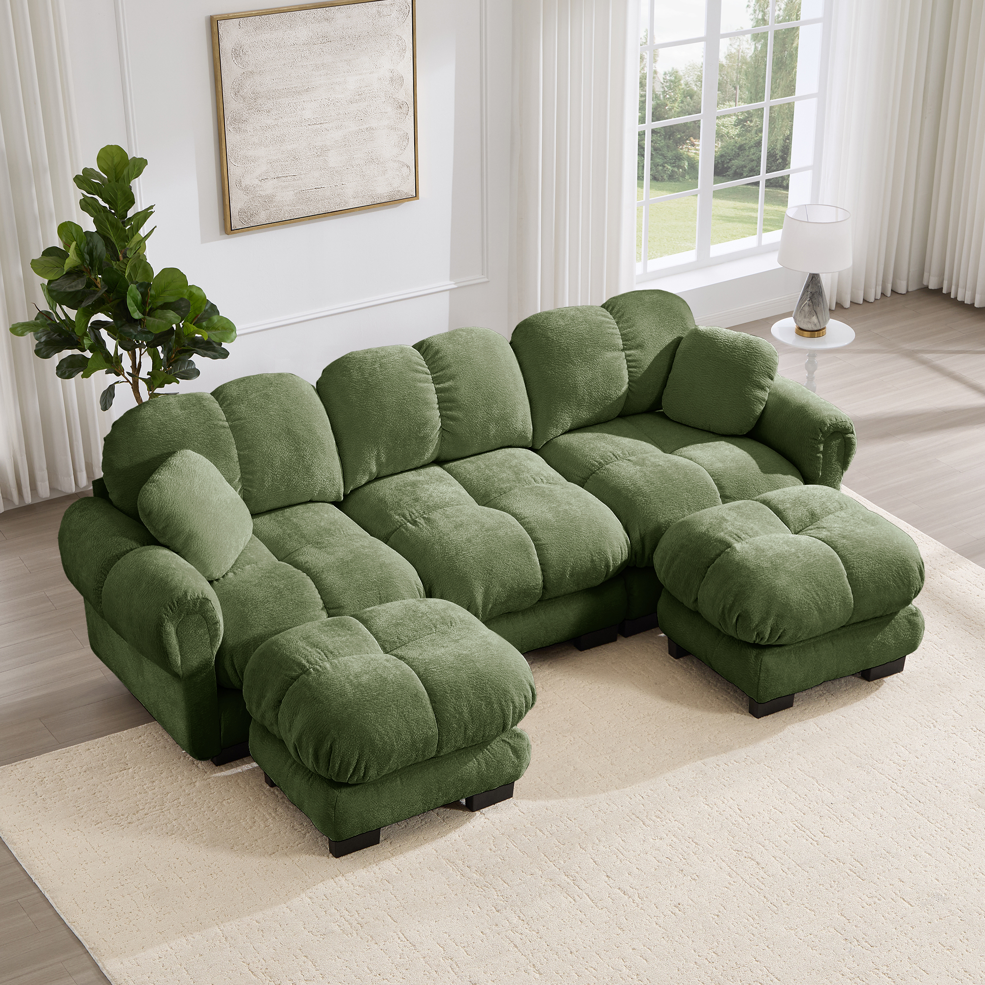 Canapé panoramique 3 places en U avec ottomane mobile et coussins, tissu Chenille vert, design steppé pour salon moderne