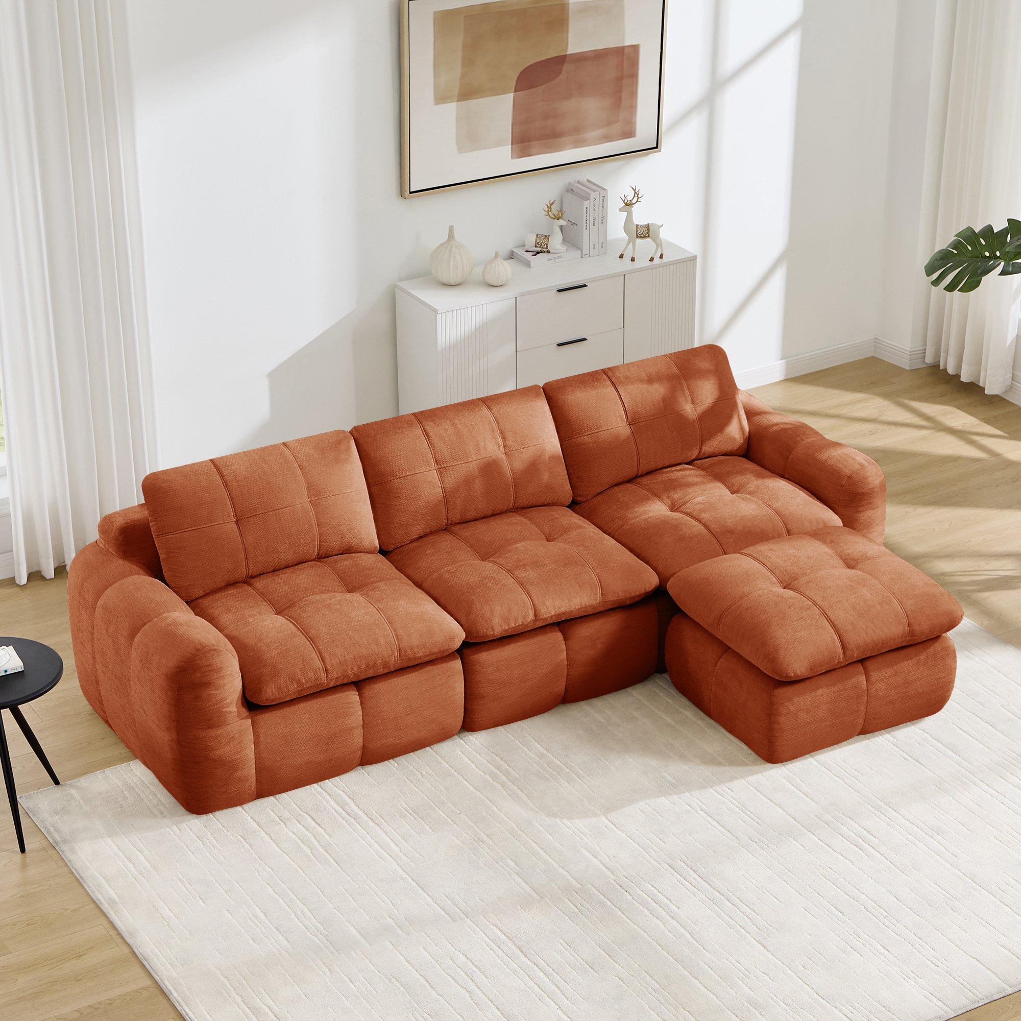 Grand canapé d'angle 264x160x68 cm, capacité 750 kg, 3 places + ottoman inclus, livraison en 4 colis, format spacieux pour famille