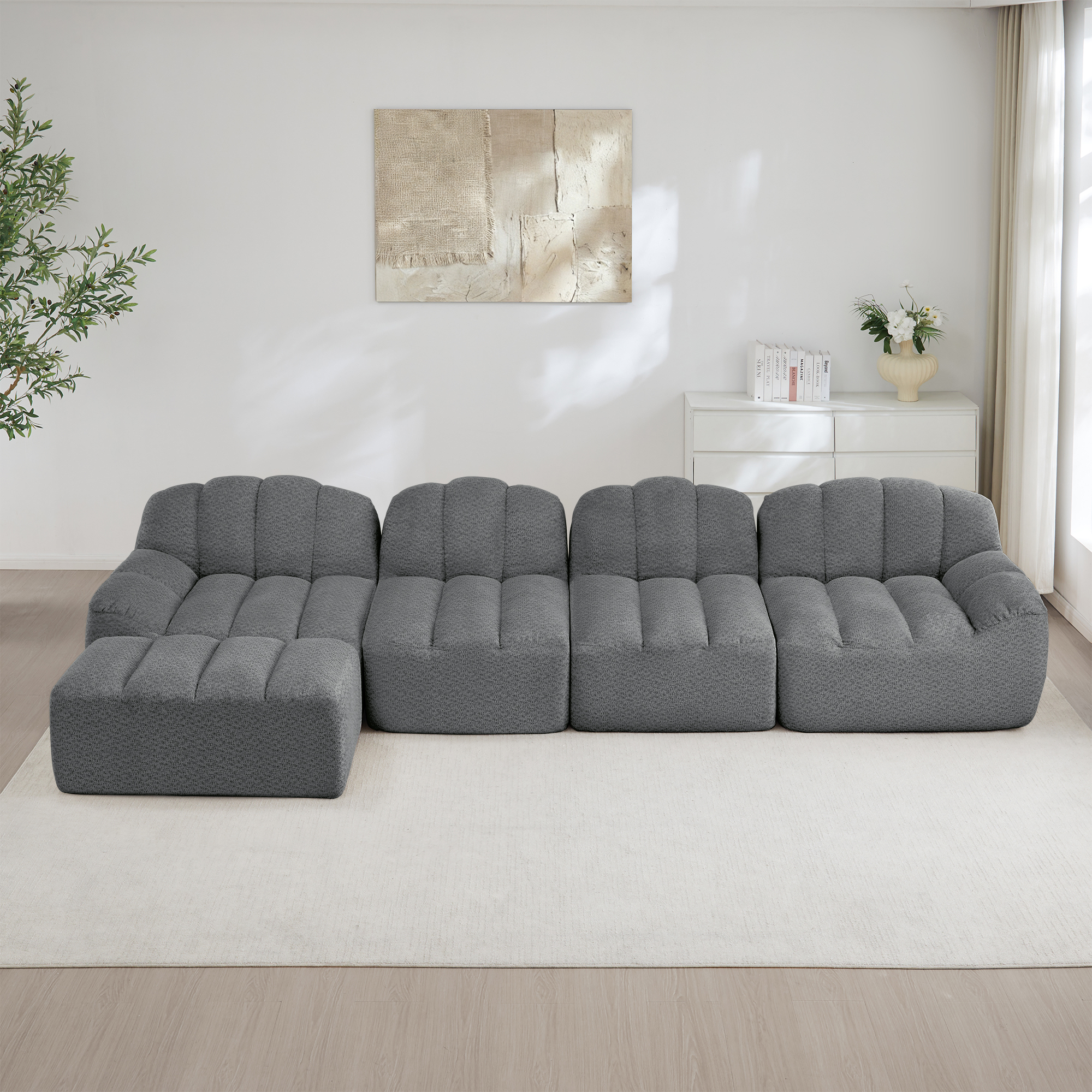 Canapé Modulable 4 Places Gris, Canapé d'Angle Sans Dossier en Tissu Molleton Granuleux avec Ottoman, Design Moderne Salon