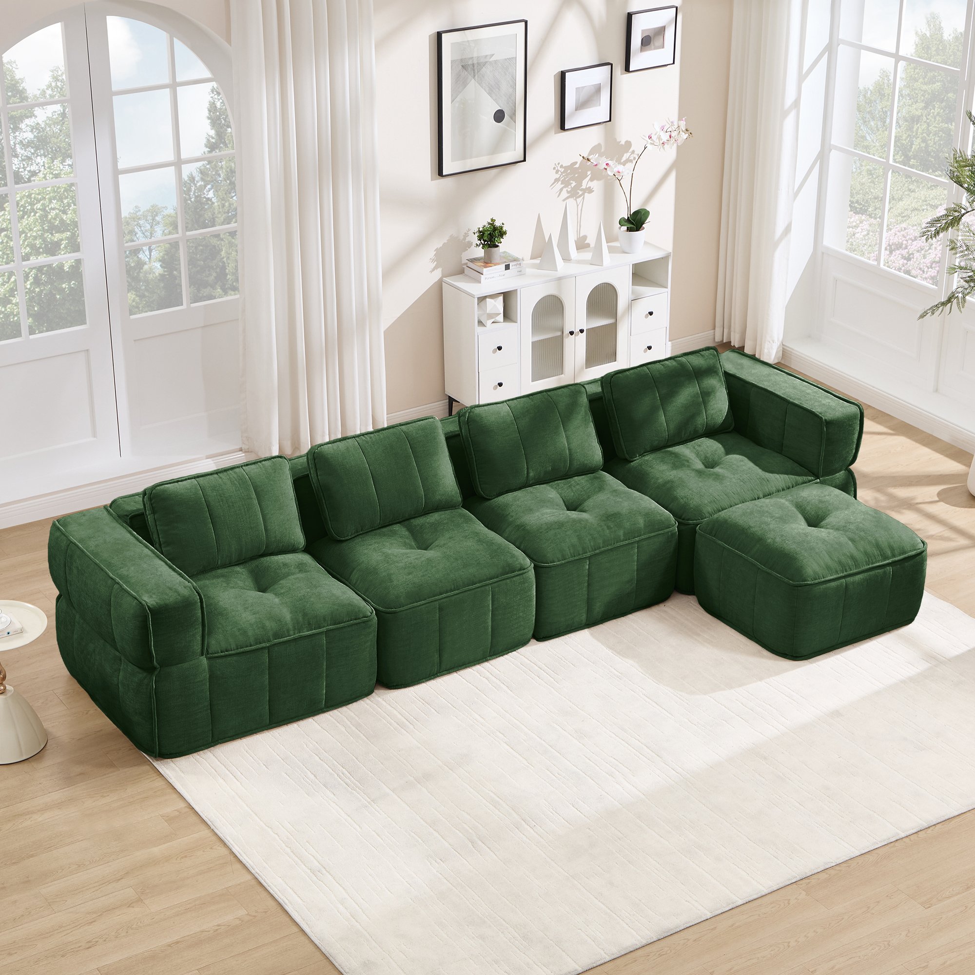Canapé d'angle modulable 4 places vert en polyester sans cadre avec pouf, assise profonde et mousse haute densité pour salon moderne
