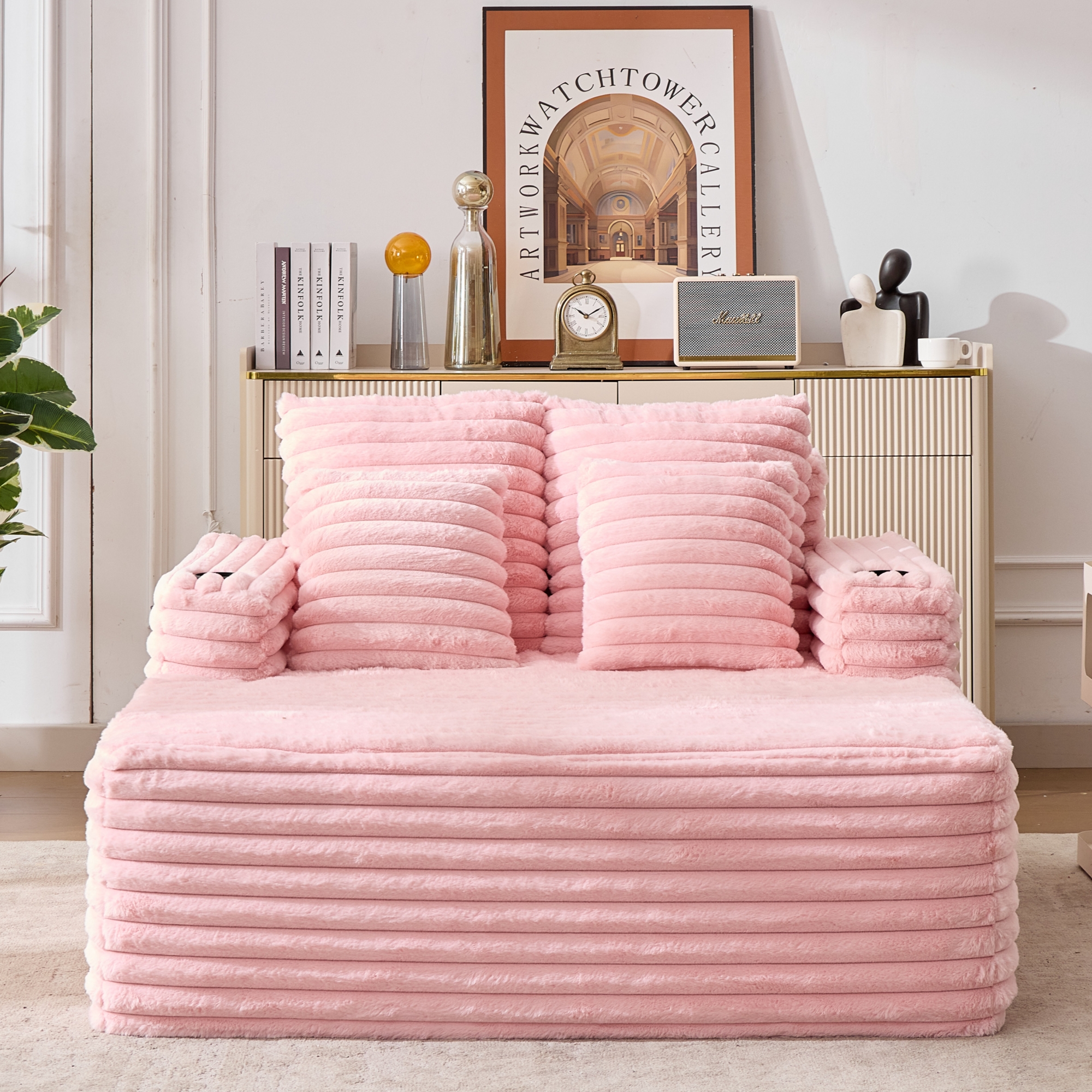 Canapé méridienne en fausse fourrure rose avec porte-gobelets intégrés et assise confortable 135x128x86 cm