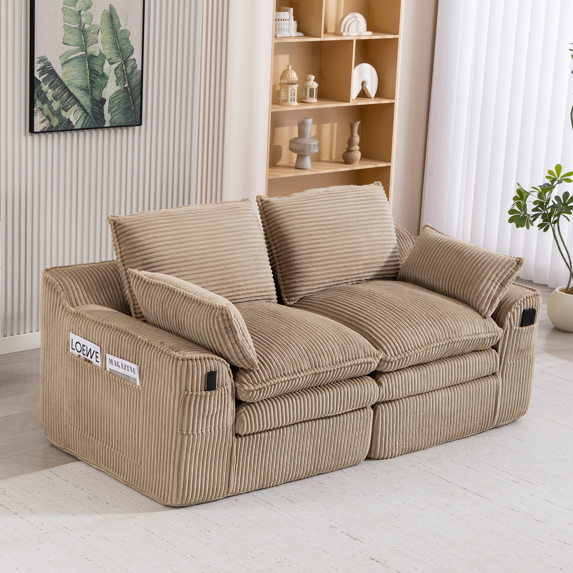 Canapé 2 places en velours côtelé kaki, mousse 3 couches et ressorts, avec coussins et poches