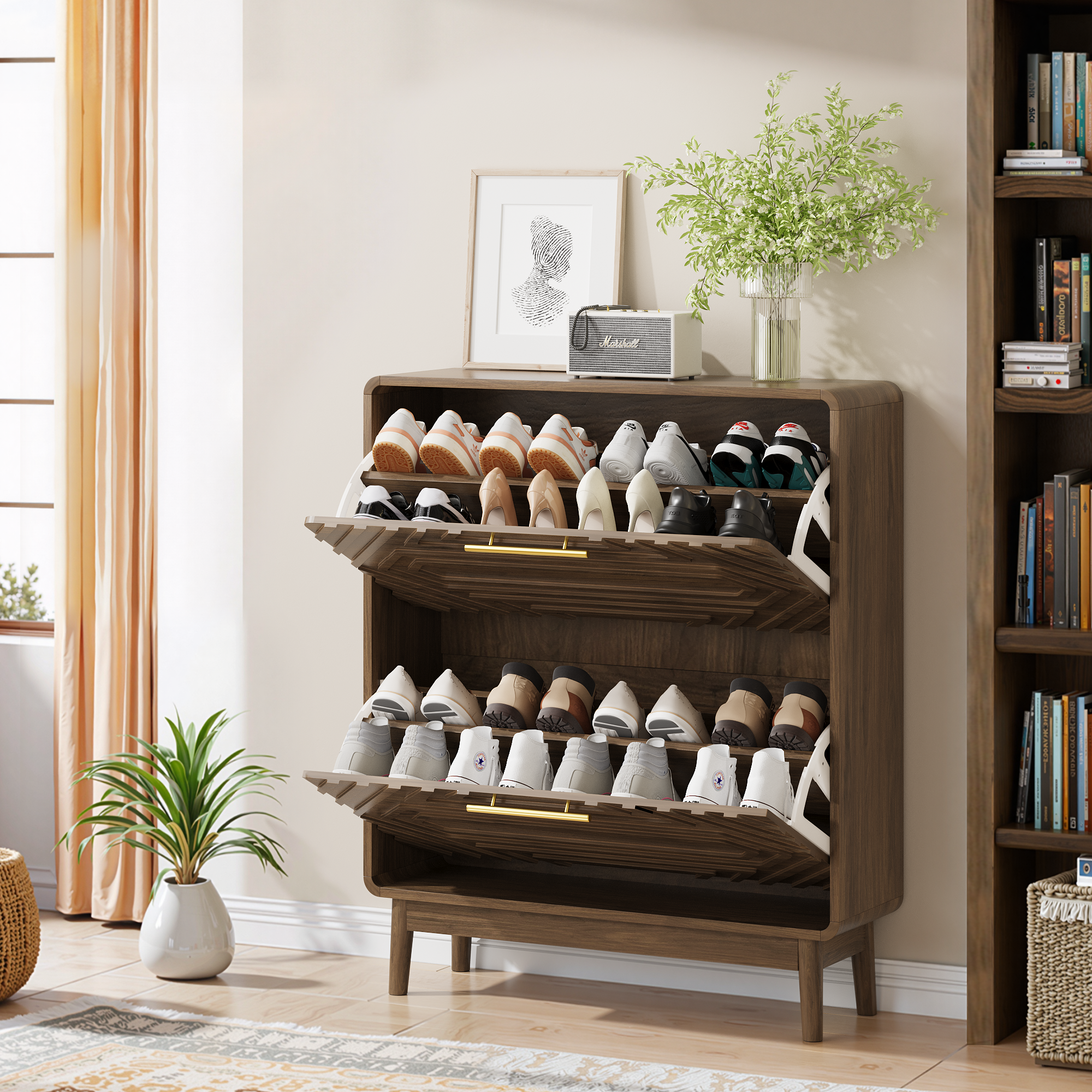 Meuble à chaussures 95x24x80 cm, Armoire entrée avec 2 portes abattantes et étagères réglables, Rangement couloir pratique