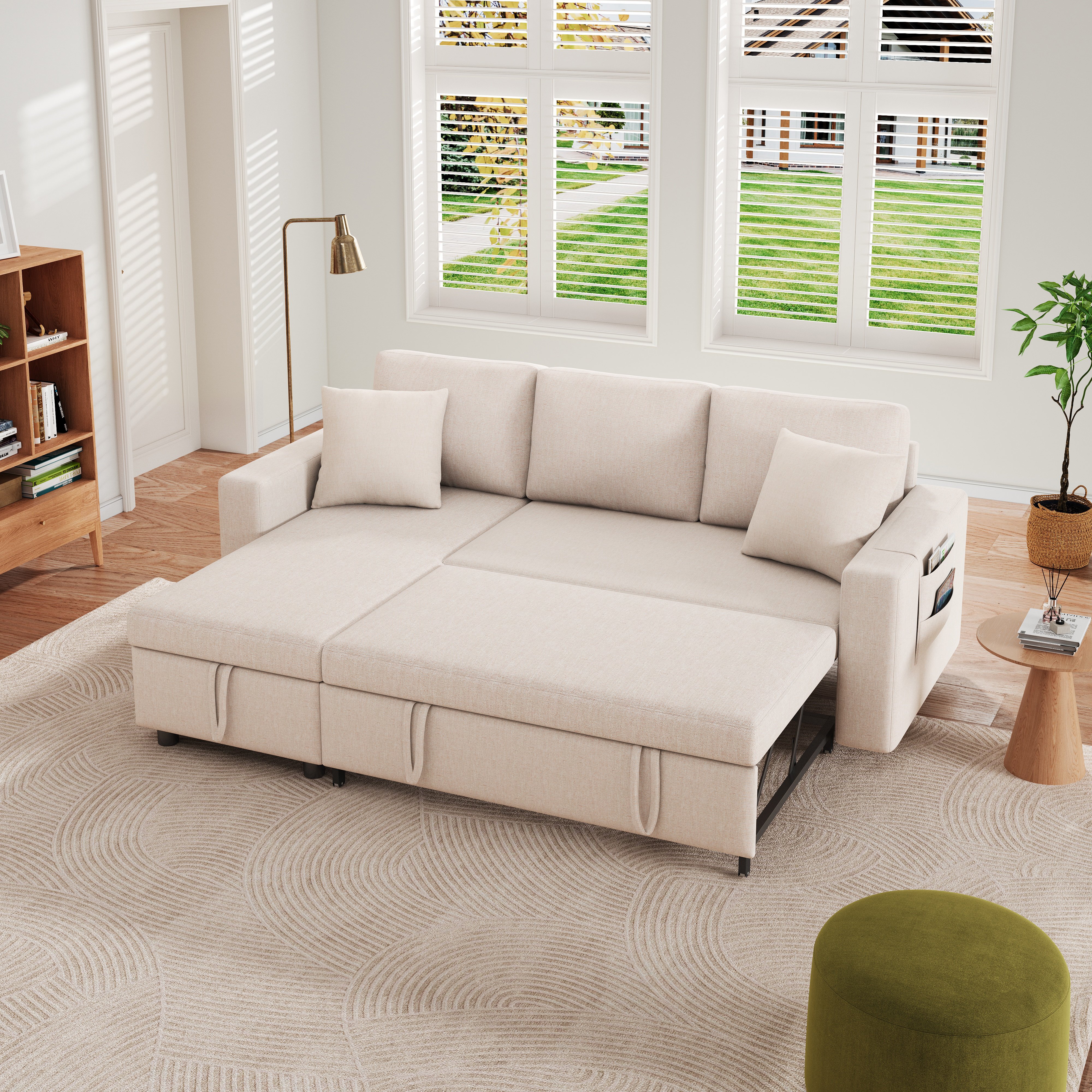 Canapé d'angle convertible avec coffre intégré et méridienne réversible, 3-4 places, tissu effet lin beige