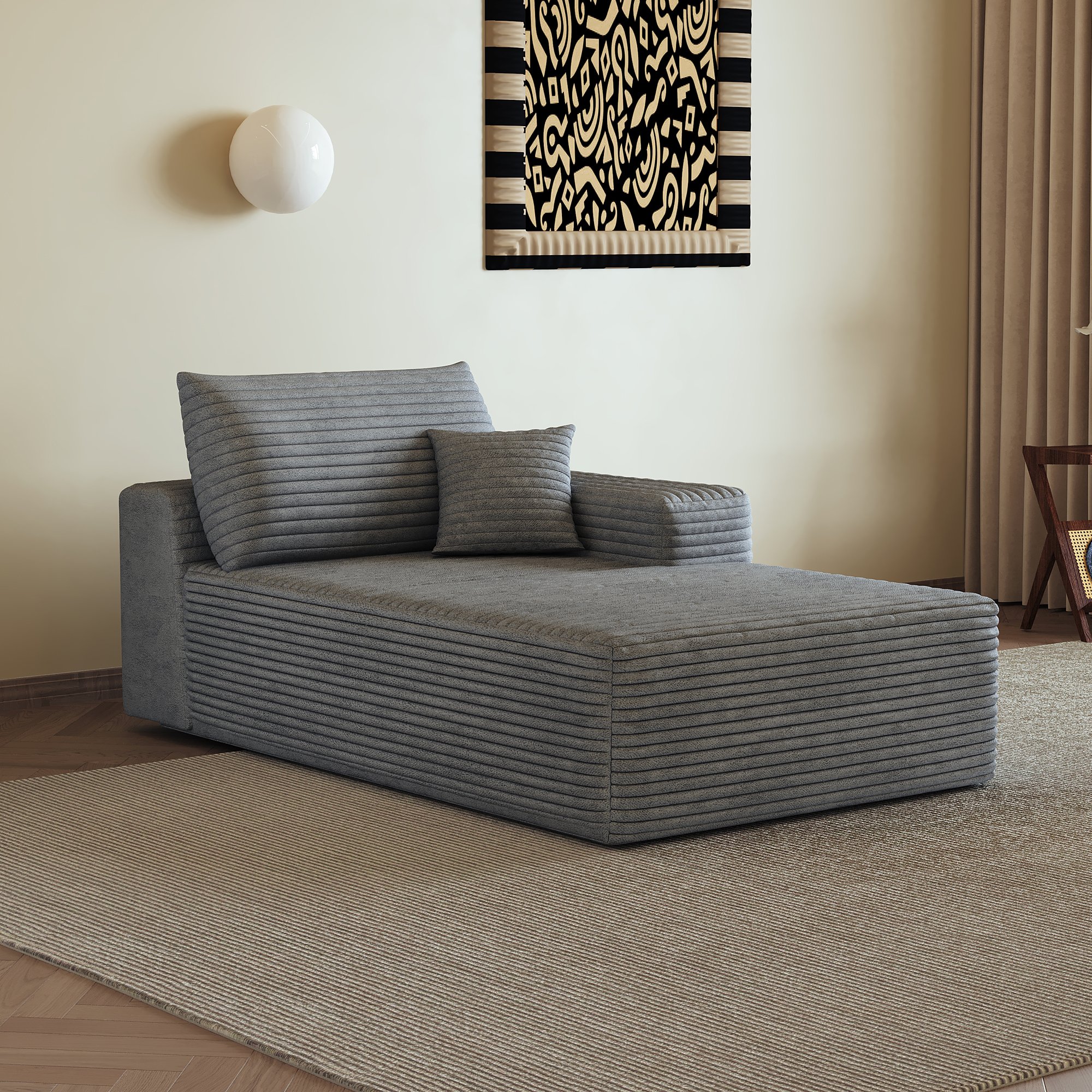 Canapé droit gris en velours côtelé avec chaise longue réversible, structure modulaire sans montage, dimensions 175x95x83 cm pour un confort immédiat dans le salon.