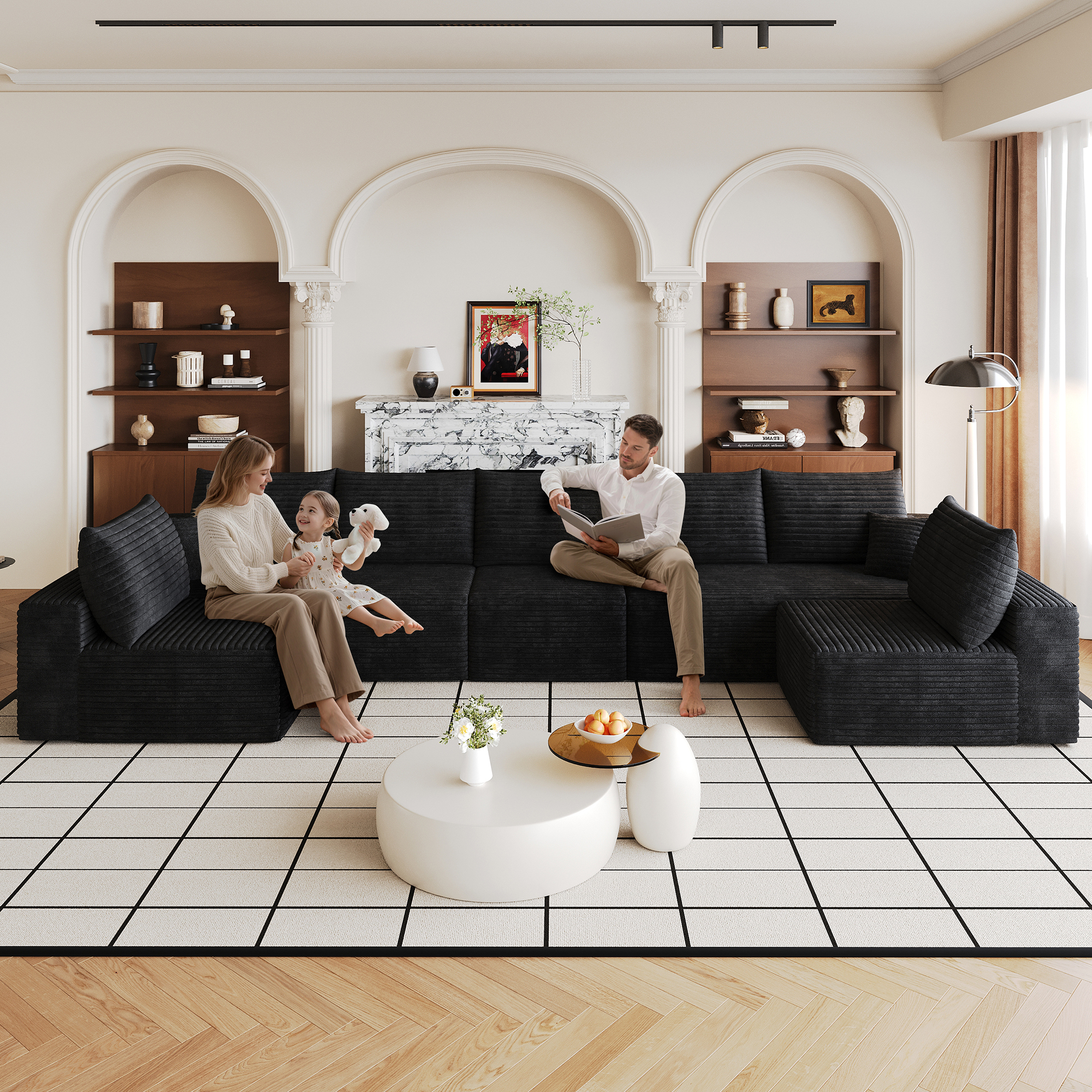 Canapé d'angle Modulable Noir avec Méridienne et Profondeur de Siège Basse Design Contemporain