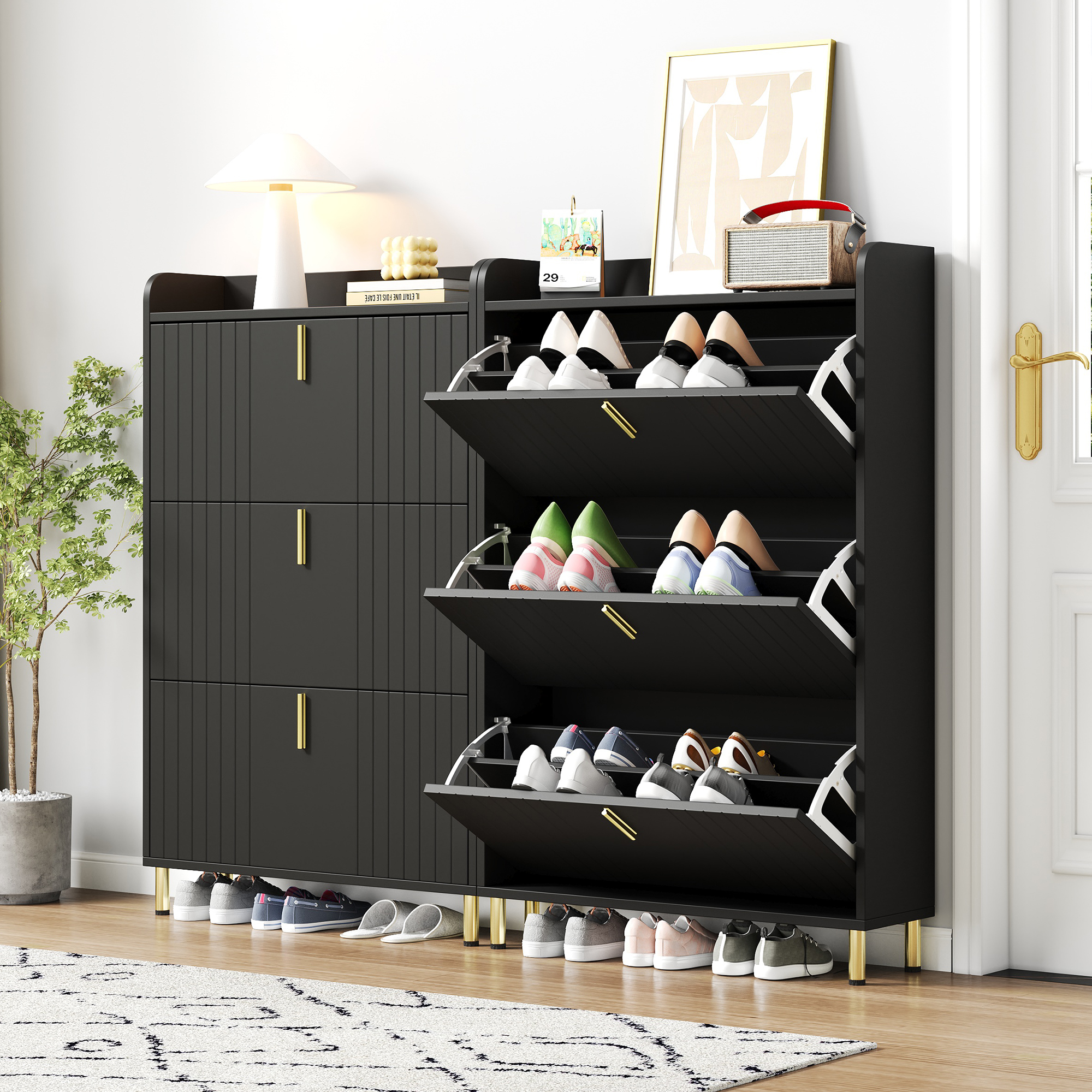 Meuble à chaussures noir mat 80x23x123,5 cm, 3 portes abattantes, rangement 6 niveaux, structure Panneau composite de fibres de bois à densité pour entrée