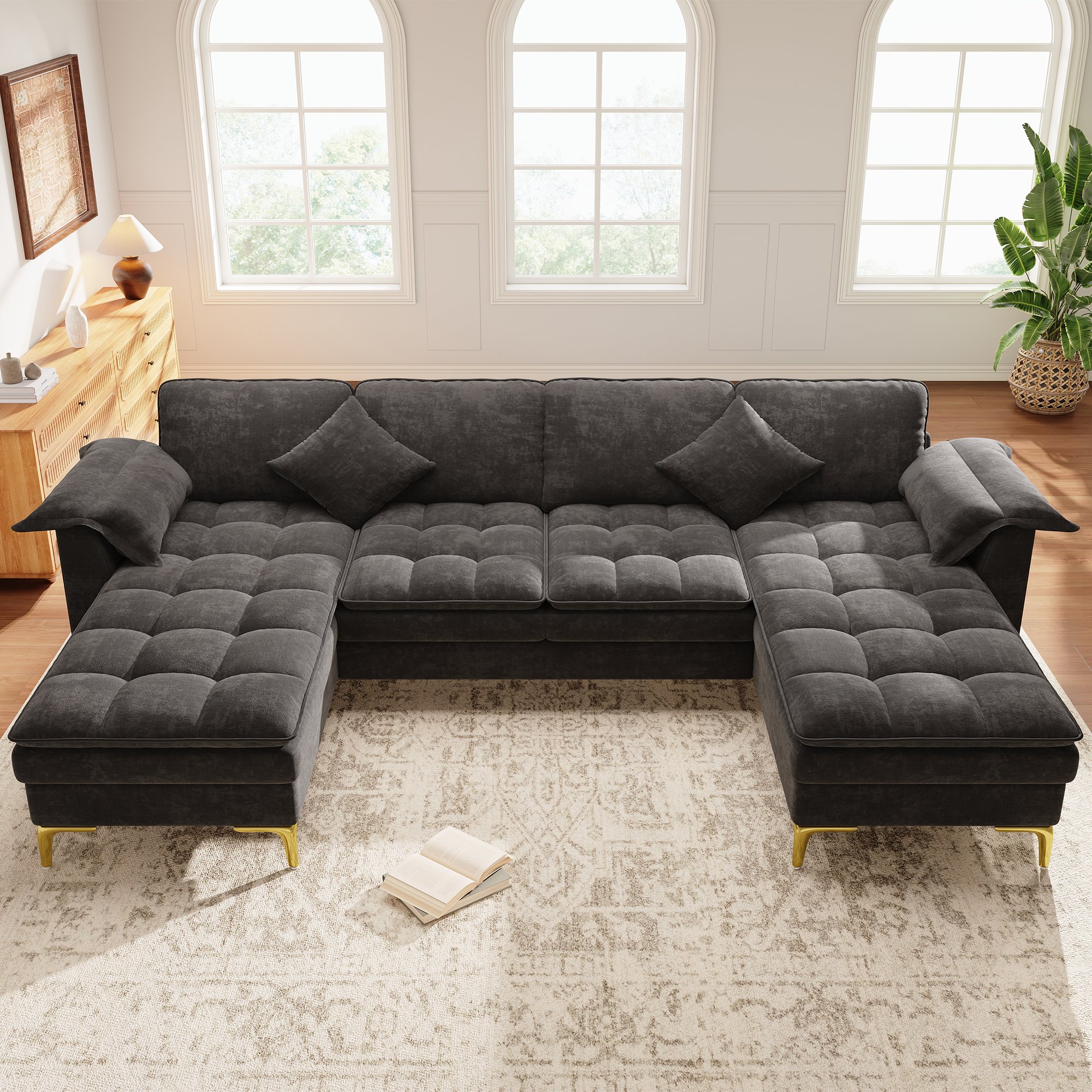 Canapé d'angle en U 4 places gris chenille, structure modulaire avec 2 chaises longues et coussins double densité pour salon moderne