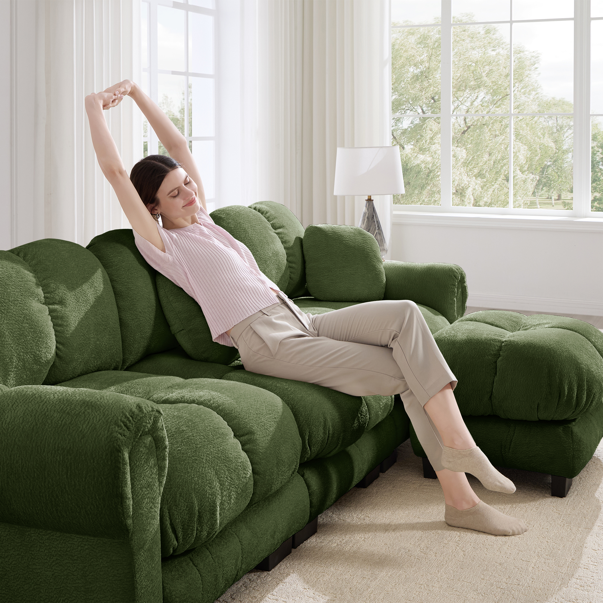 Canapé panoramique 3 places en U avec ottomane mobile et coussins, tissu Chenille vert, design steppé pour salon moderne