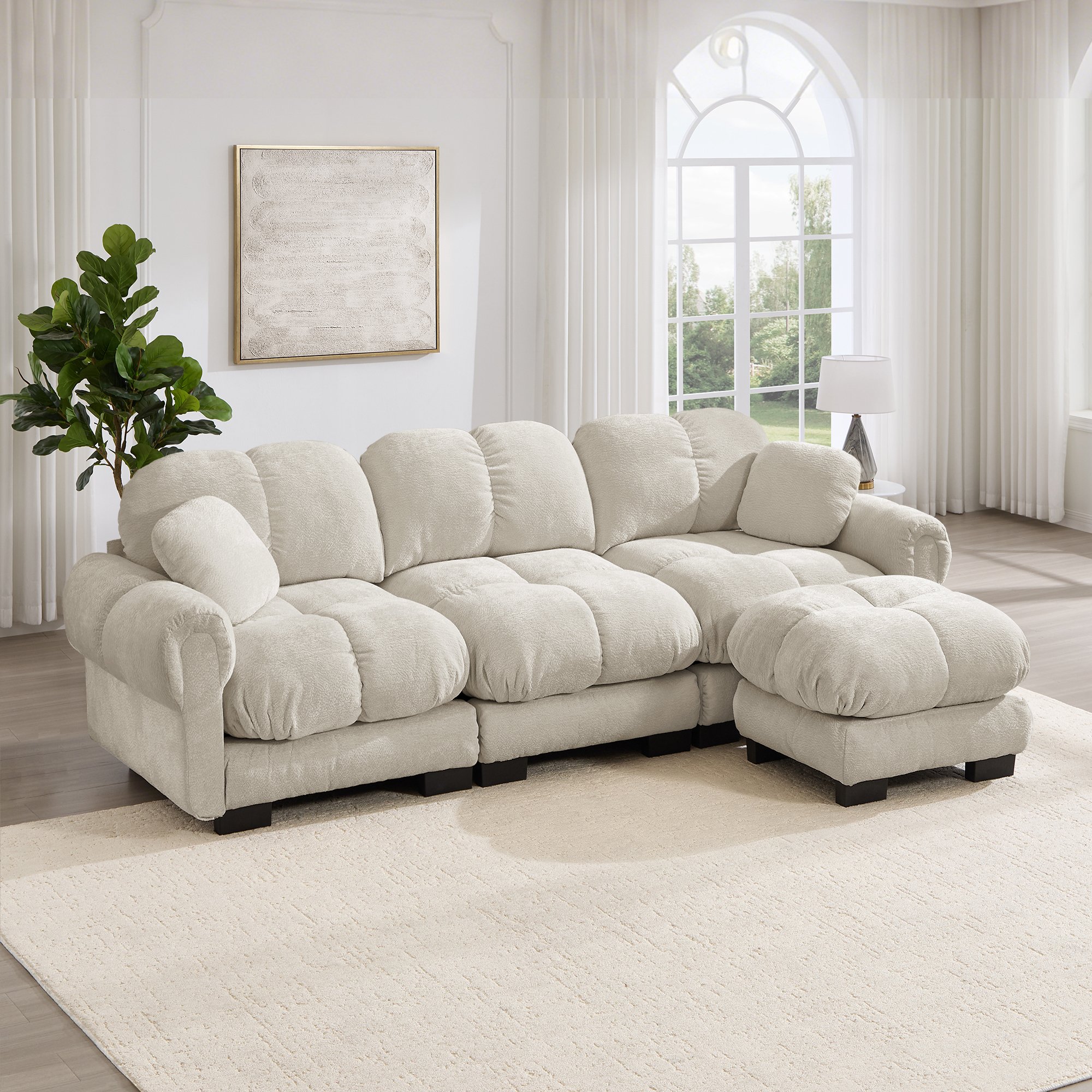 Canapé d'angle moderne en chenille kaki clair avec ottomane convertible, coussins rembourrés et style épuré