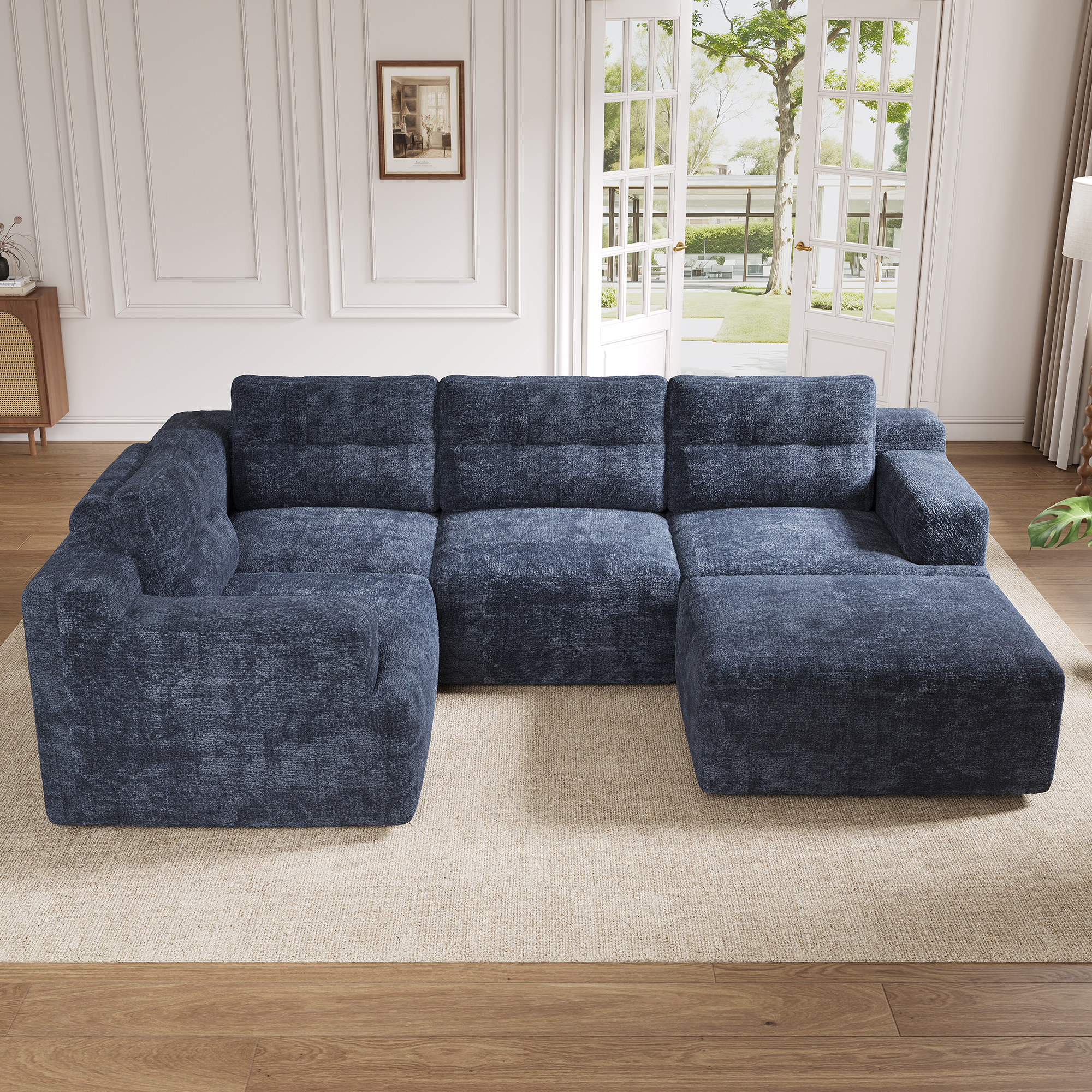 Canapé d'angle 5 places en chenille bleu, modulable en L-forme ou U-forme avec LED intégrée