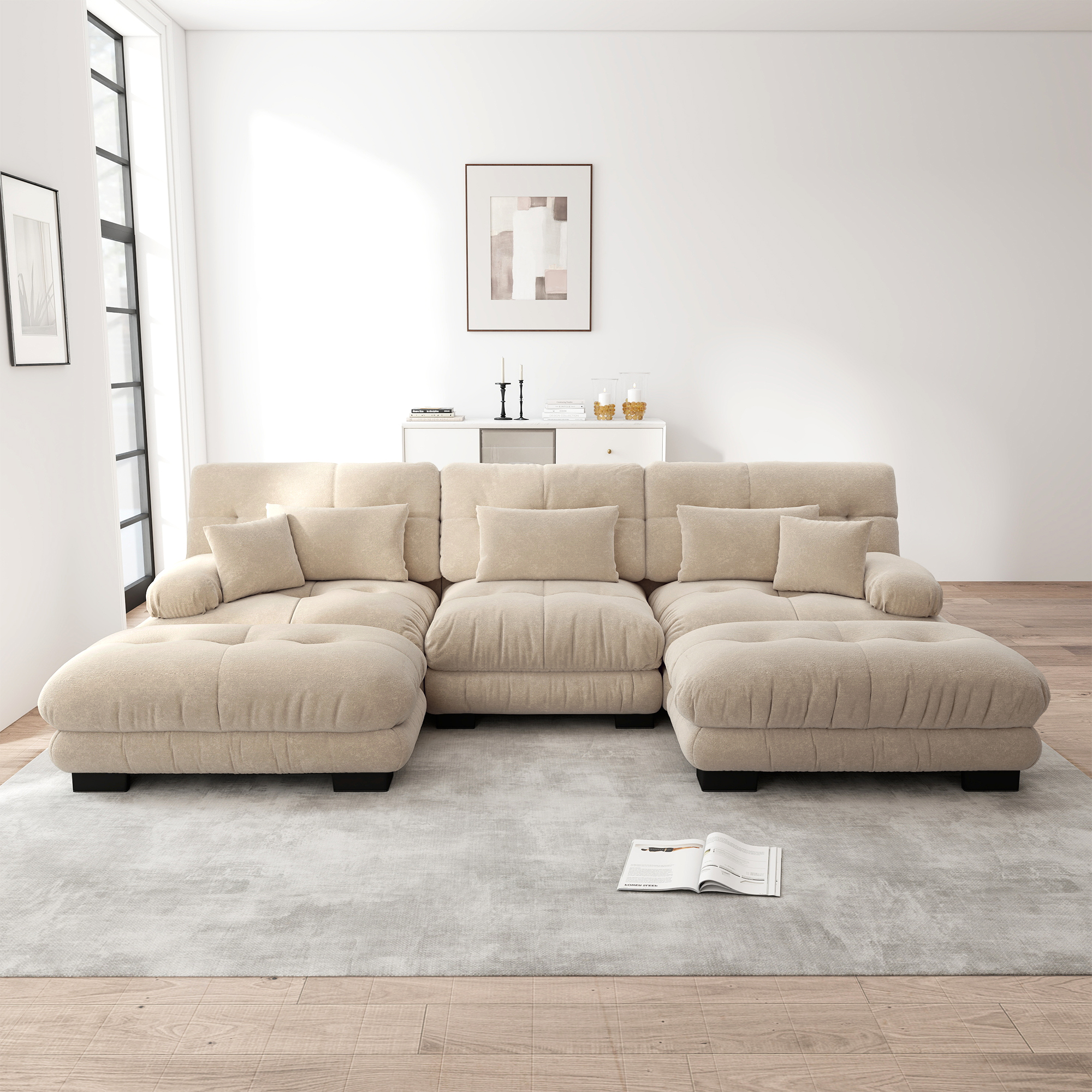Canapé d'angle modulable en U avec ottomans et LED, configuration U, L ou droite en chenille café clair