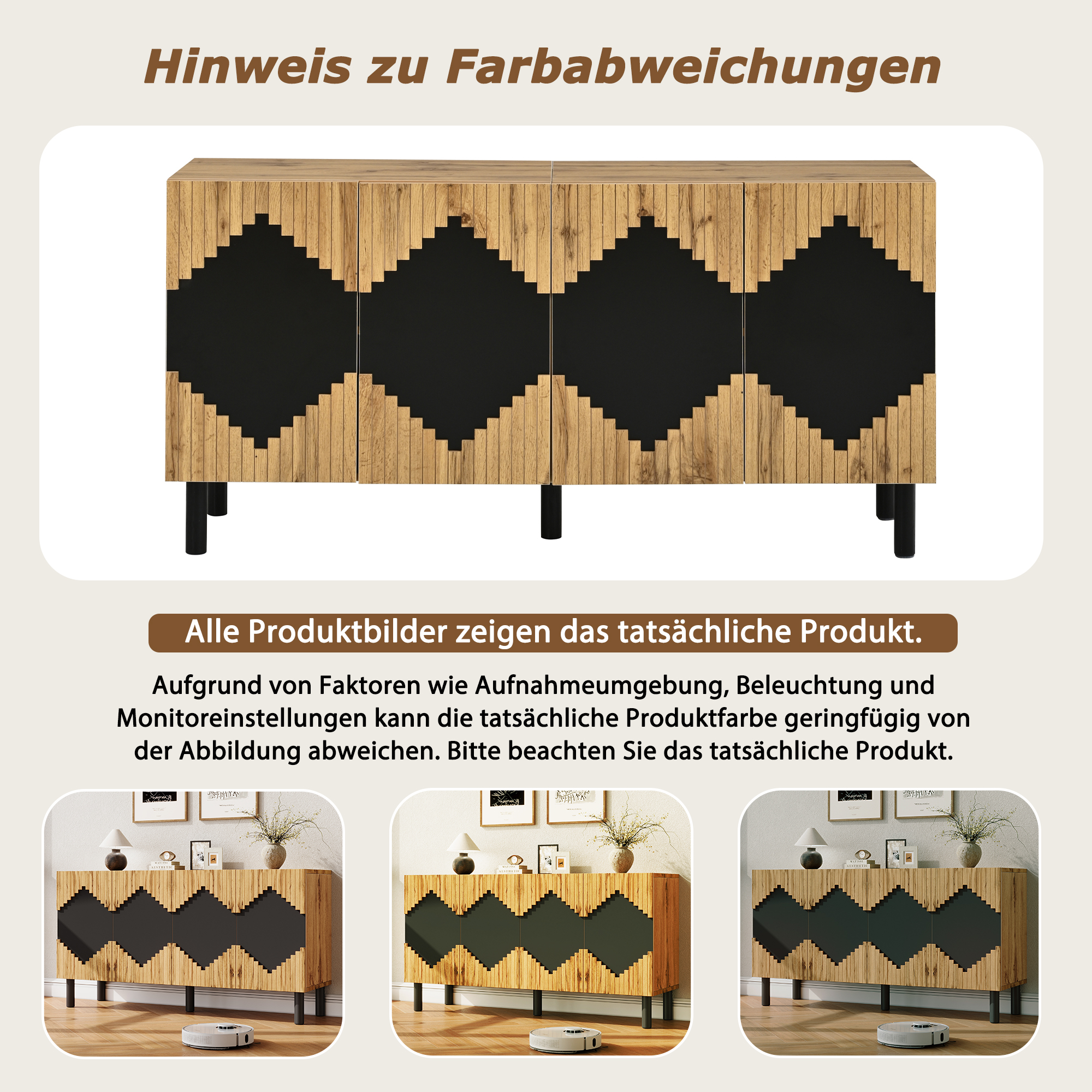 Buffet Moderne 140x40x70cm Meuble Rangement Bois Noir Avec Portes Push-Open Et Design Losange Pour Salon
