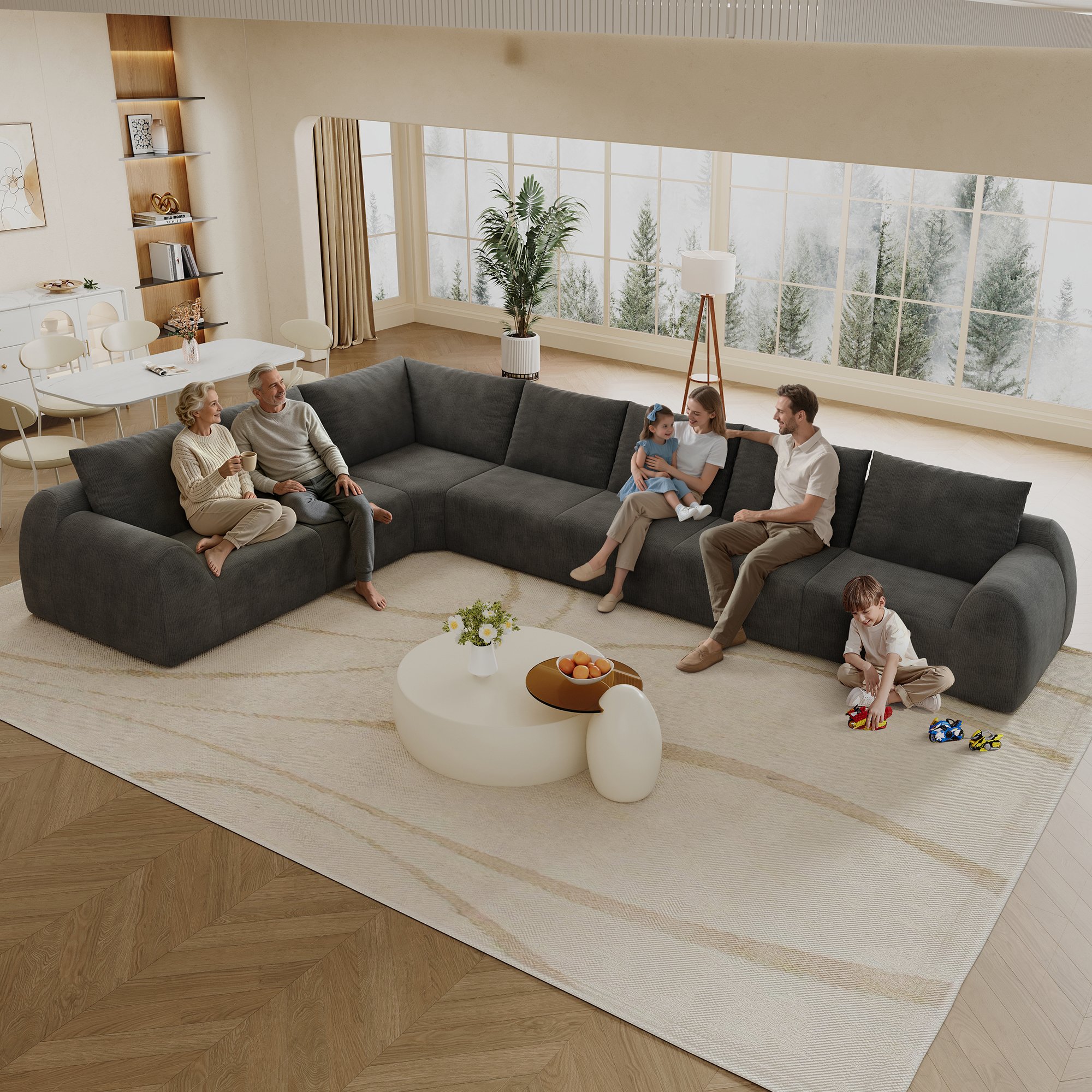 Grand Canapé d'angle 401x267x85cm gris foncé, tissu chenille, mousse haute densité, livraison compacte sans outils nécessaires