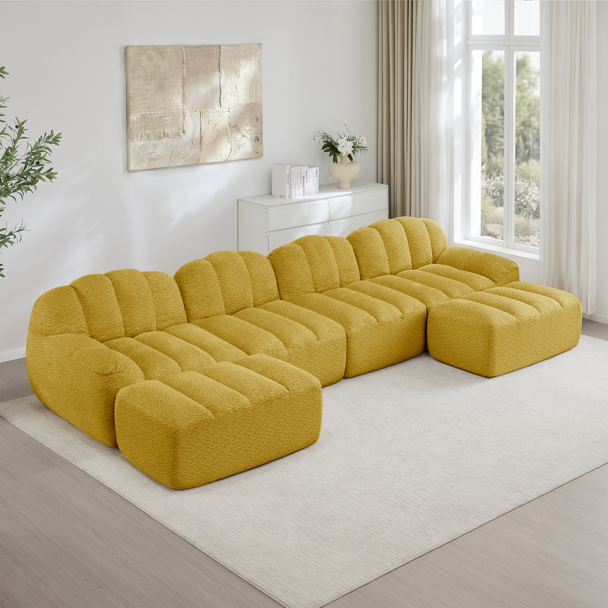 Canapé modulable panoramique en U 4 places avec 2 ottomans, structure sans dossier et assise profonde pour grand salon