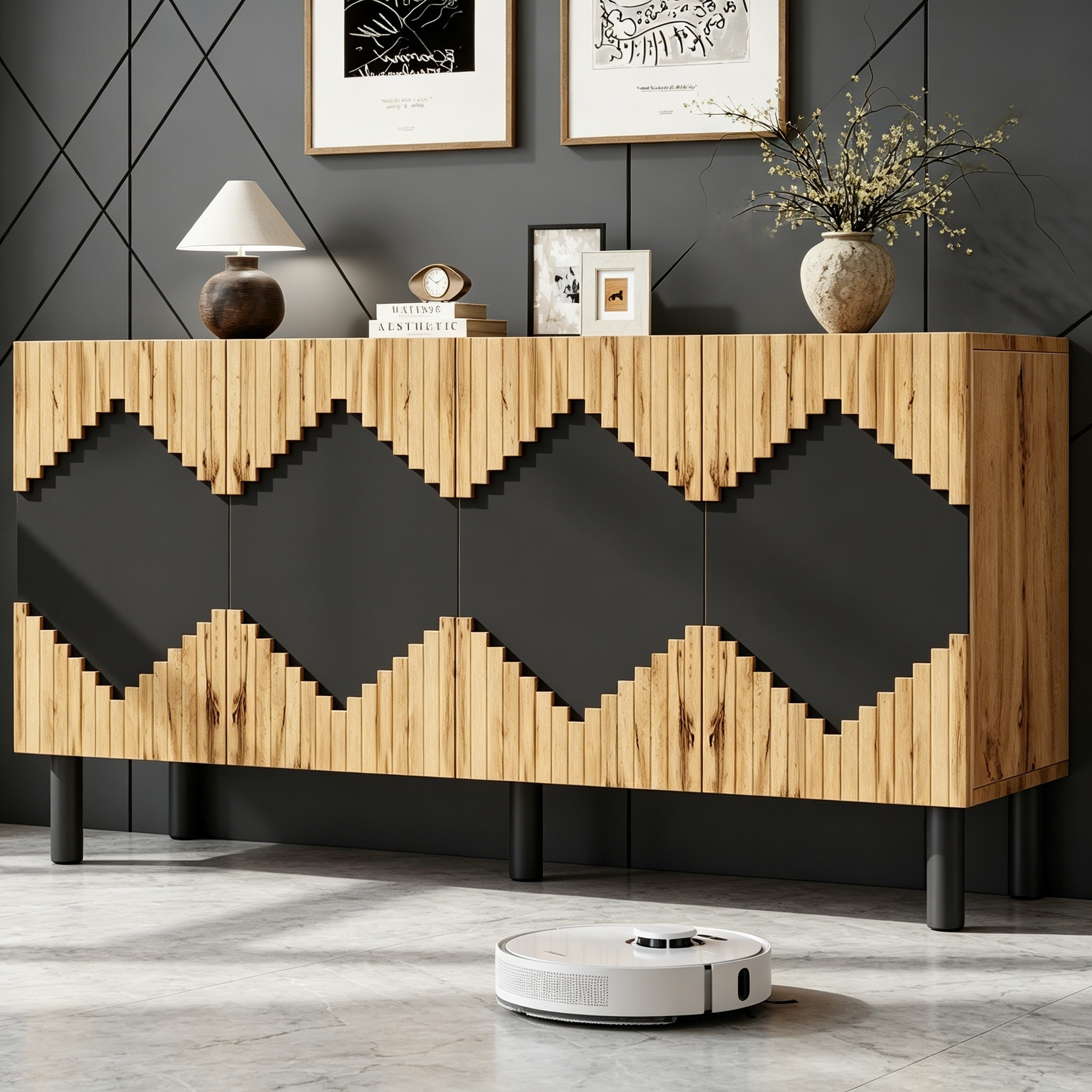 Buffet Moderne 140x40x70cm Meuble Rangement Bois Noir Avec Portes Push-Open Et Design Losange Pour Salon