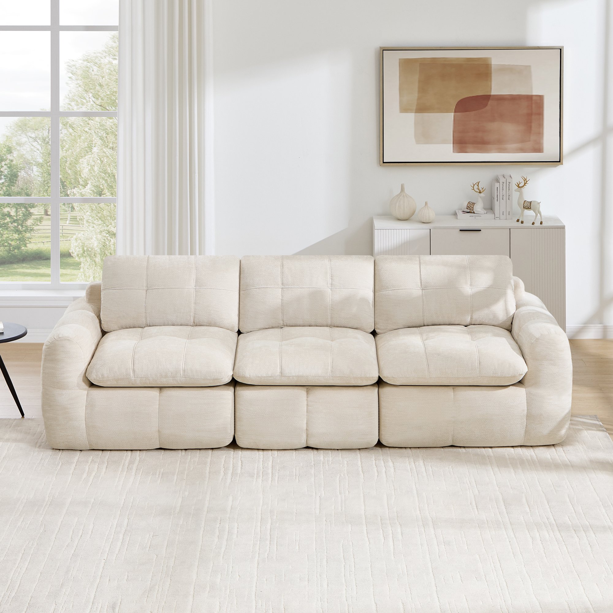 Canapé modulable 3 places beige en tissu chenille, design quadrillé sans cadre, coussins épais confort nuageux, dimensions 264x97x68 cm, idéal salon moderne