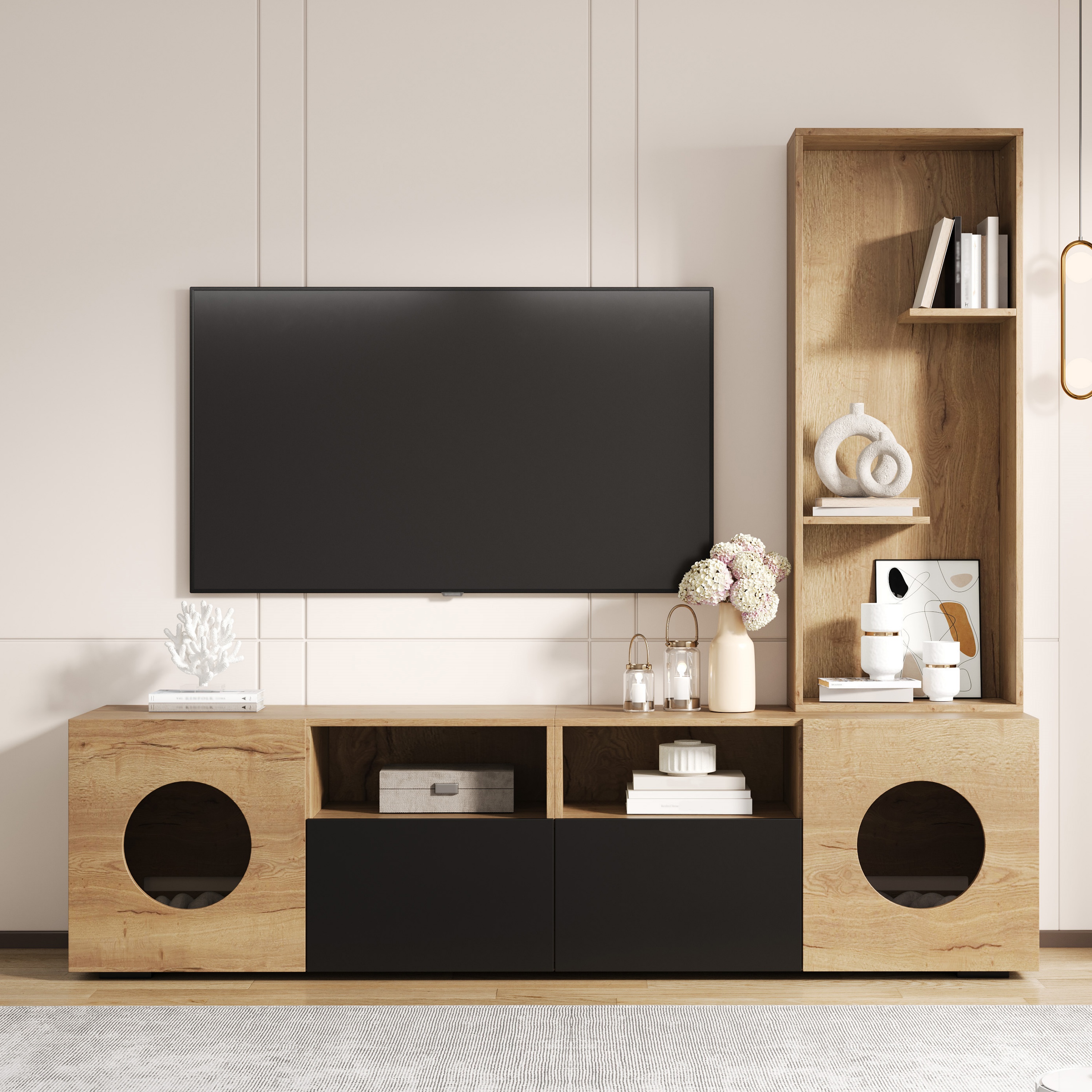 Meuble TV avec espace repos, Buffet TV moderne en bois massif noir et naturel, Étagère haute et rangement complet