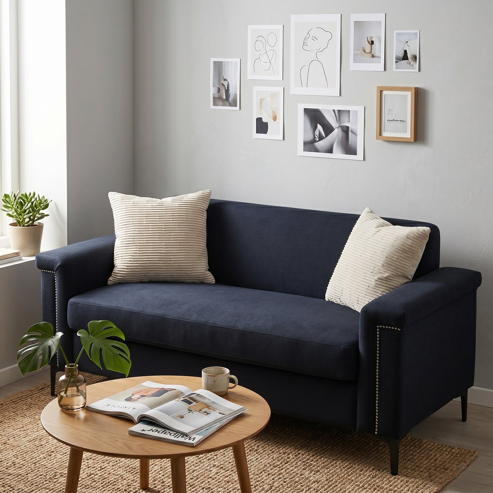 Canapé droit 2 places style scandinave noir, structure bois massif et revêtement en tissu lin pour salon moderne