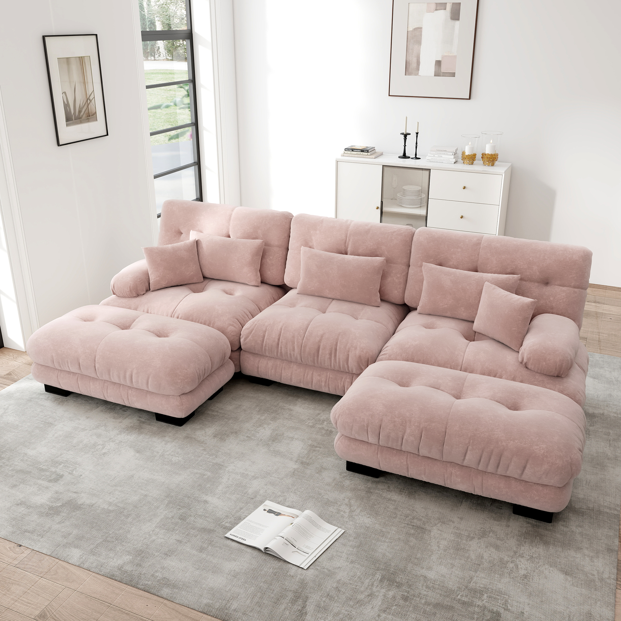 Canapé d'angle modulable en U en chenille rose avec ottoman mobile et LED pour salon contemporain
