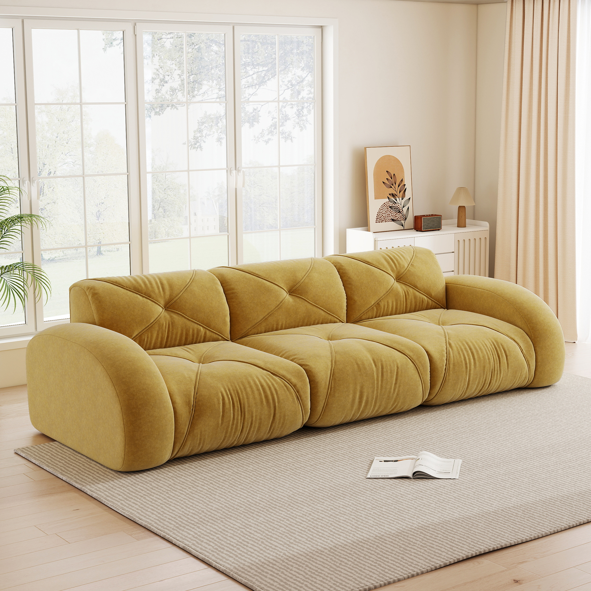 Canapé modulable 3 places sans cadre, confort moelleux chenille jaune antidérapant et facile à installer pour salon moderne