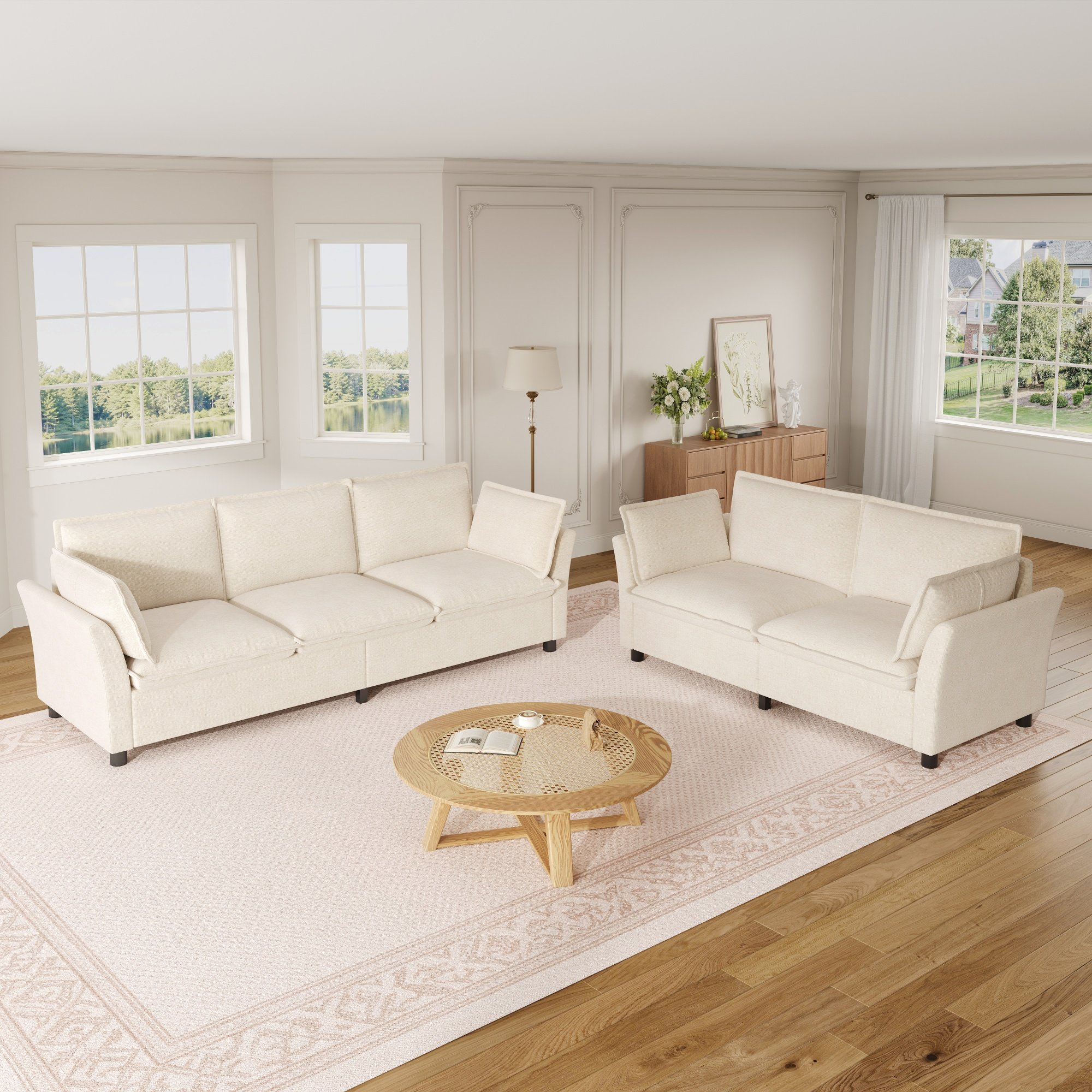 Ensemble Canapé Modulable Beige Chenille, 3+2 Places, Design Nuage Doux, Assemblage Facile avec Outils Inclus, Livraison 4 Colis