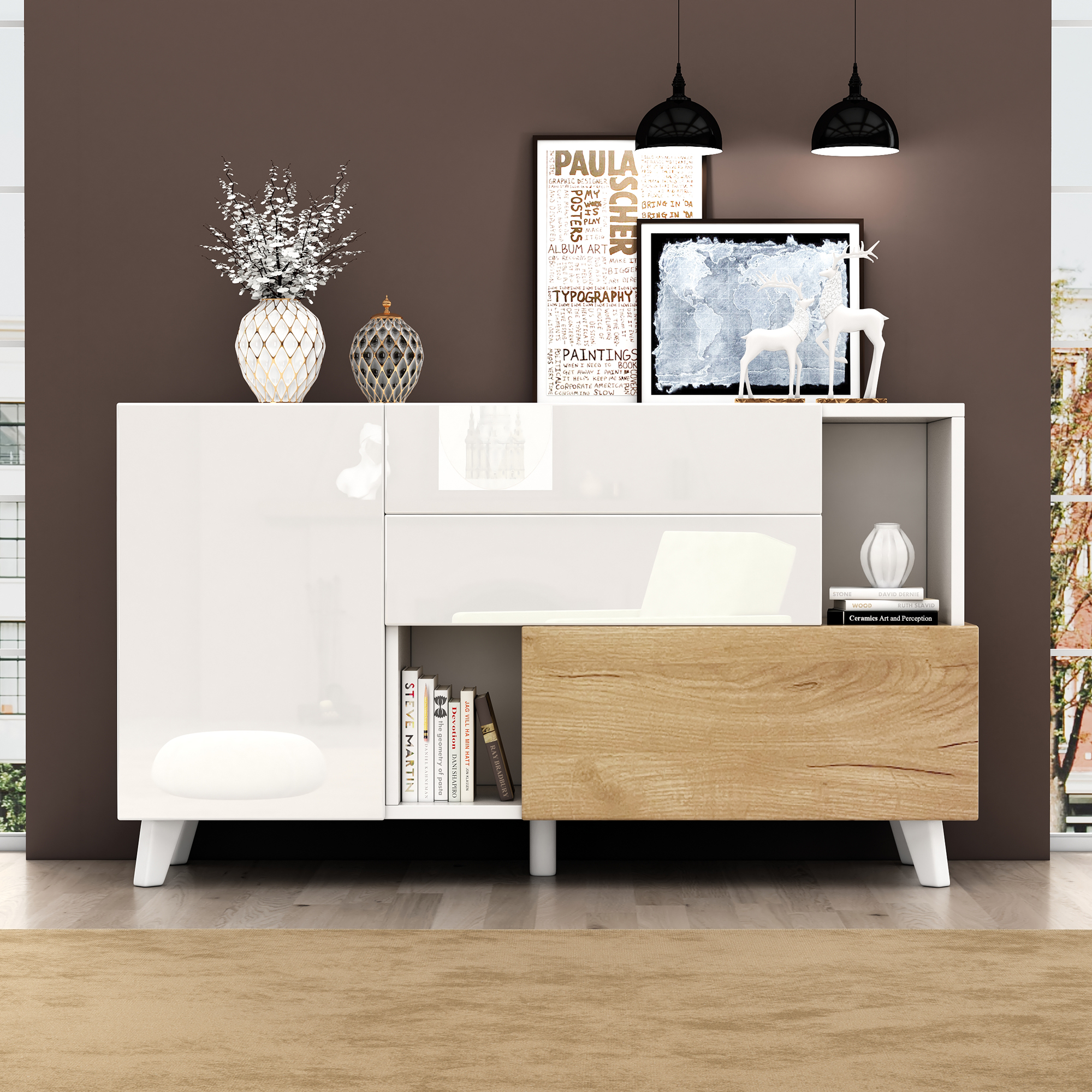 Buffet Contemporain Blanc Brillant et Bois Naturel, Meuble Rangement avec Tiroirs et Porte Abatante pour Petit Espace