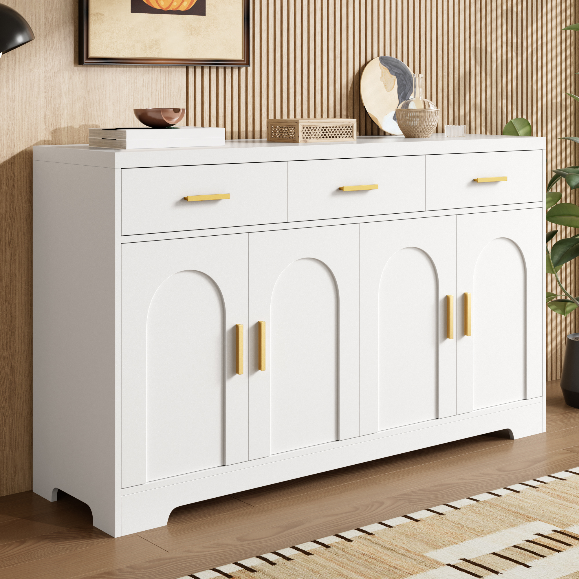 Buffet Blanc Moderne 140x83 cm, Meuble Rangement avec 4 Portes Arc et 3 Tiroirs, Panneau composite de fibres de bois à densité