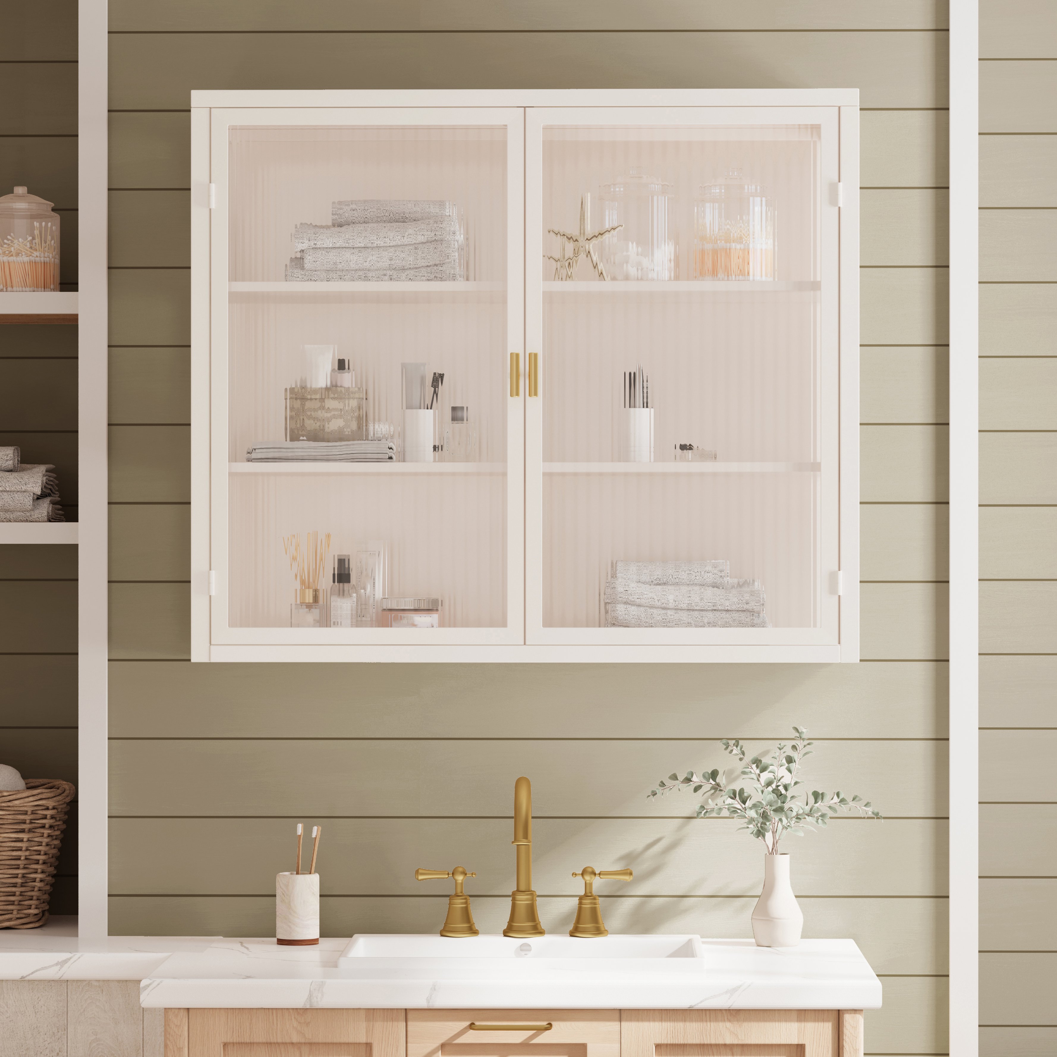 Buffet Murale Salle De Bains Blanc, Meuble Suspension Metal Verre, Rangement Multi-Usage Avec 3 Etageres 70x60