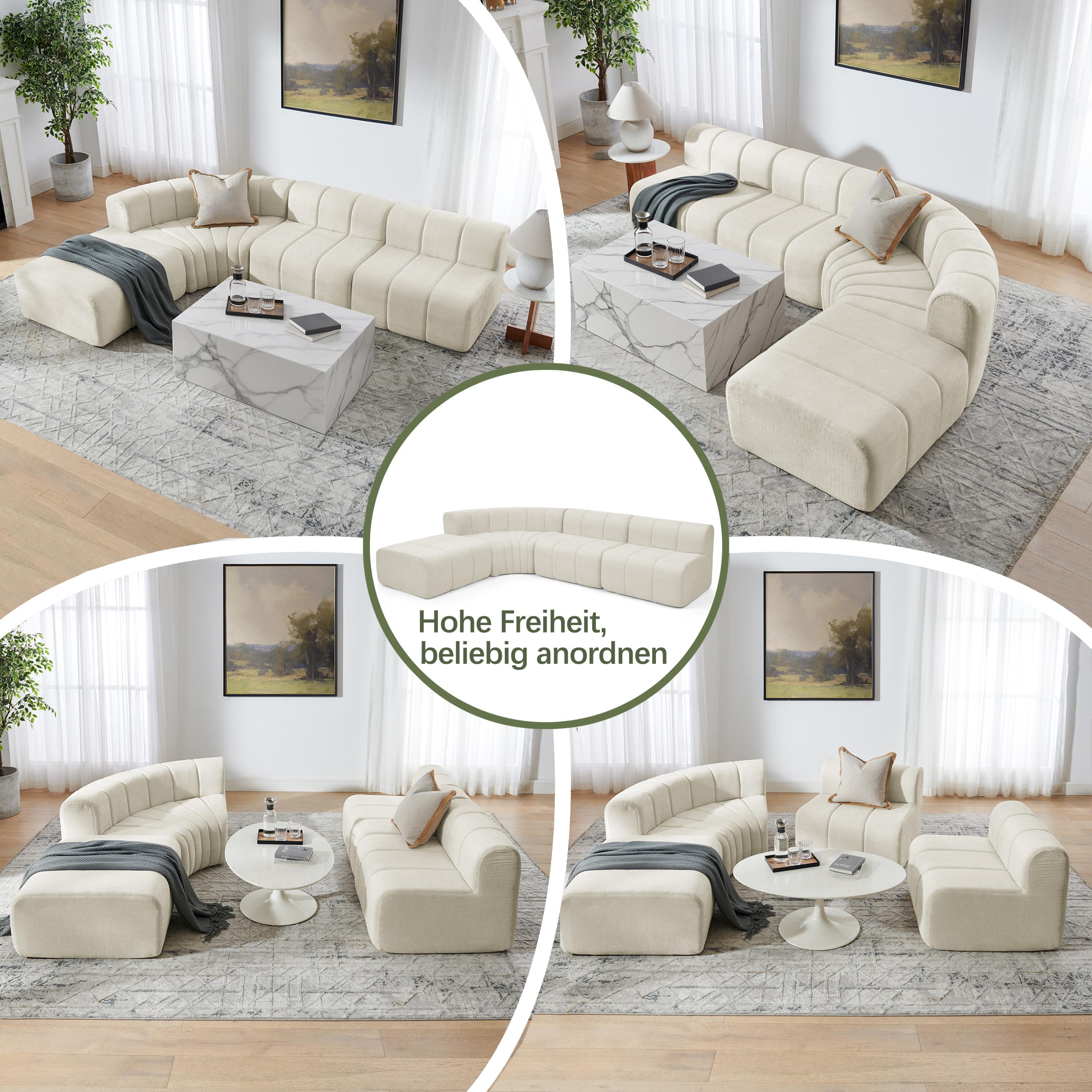 Canapé d'angle modulable 4 places beige en chenille, structure sans outils, coussins multifonctions et mousse haute résilience pour salon moderne