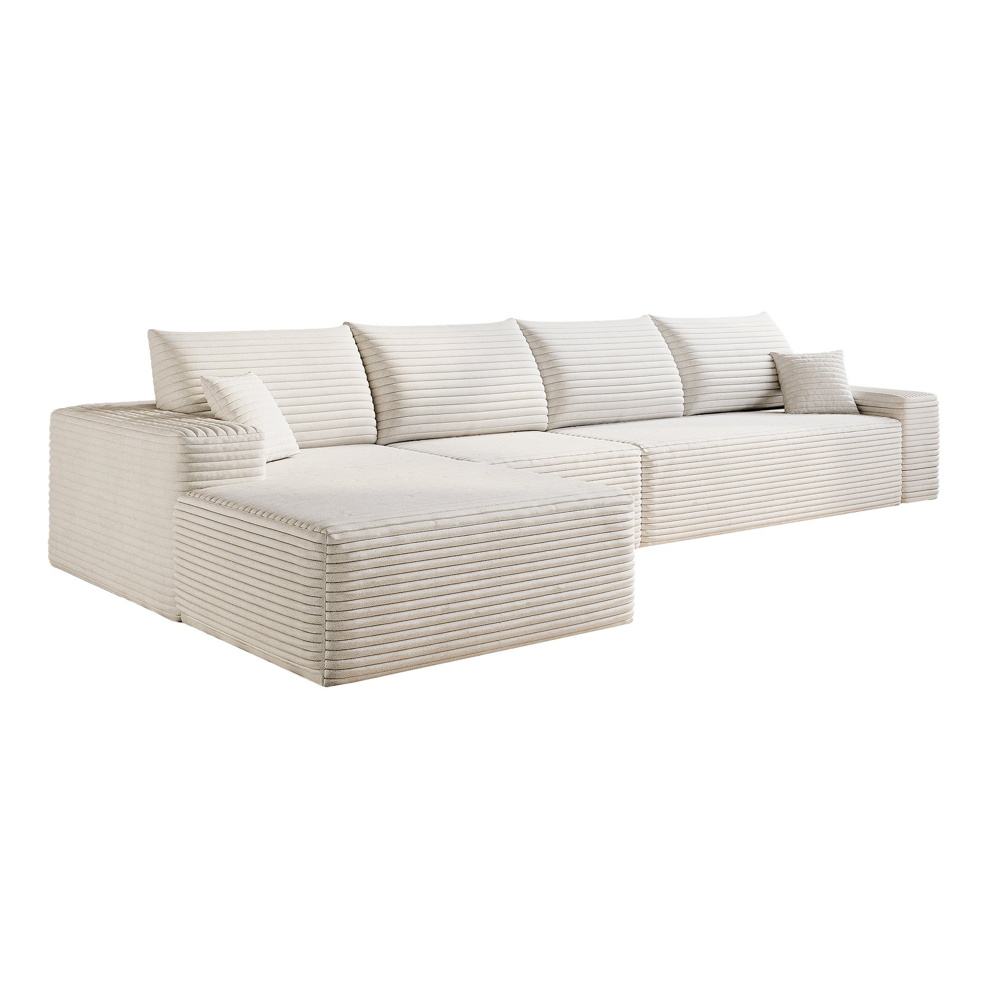 Canapé d'angle blanc 340x175 cm en tissu velours côtelé, structure modulaire sans montage, confort optimal pour le salon et la chambre à coucher.