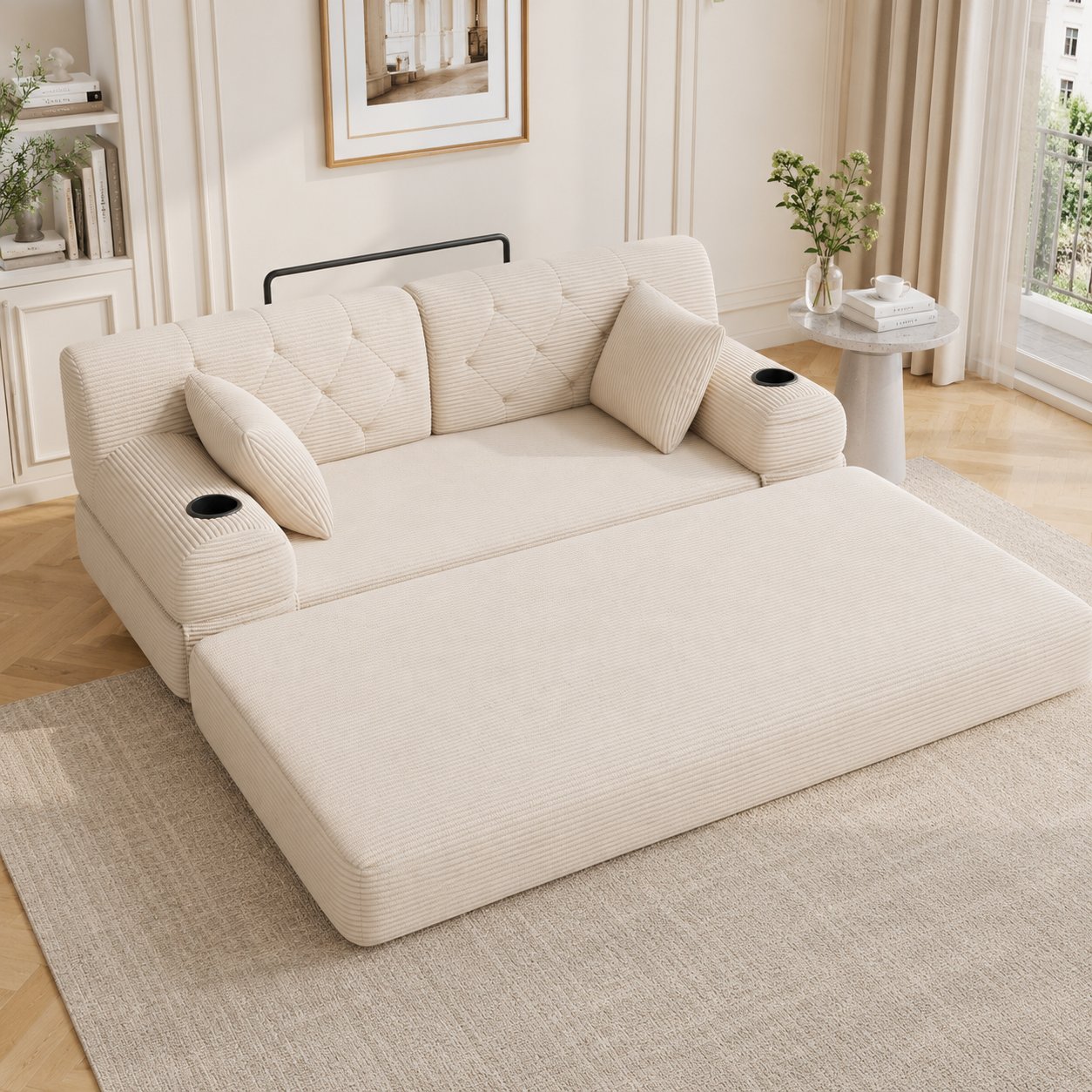 Petit canapé-lit 2 places 168x80x81 cm, tissu corduroy beige, dossier haut, 4 poches et 2 porte-gobelets, livraison en 2 colis