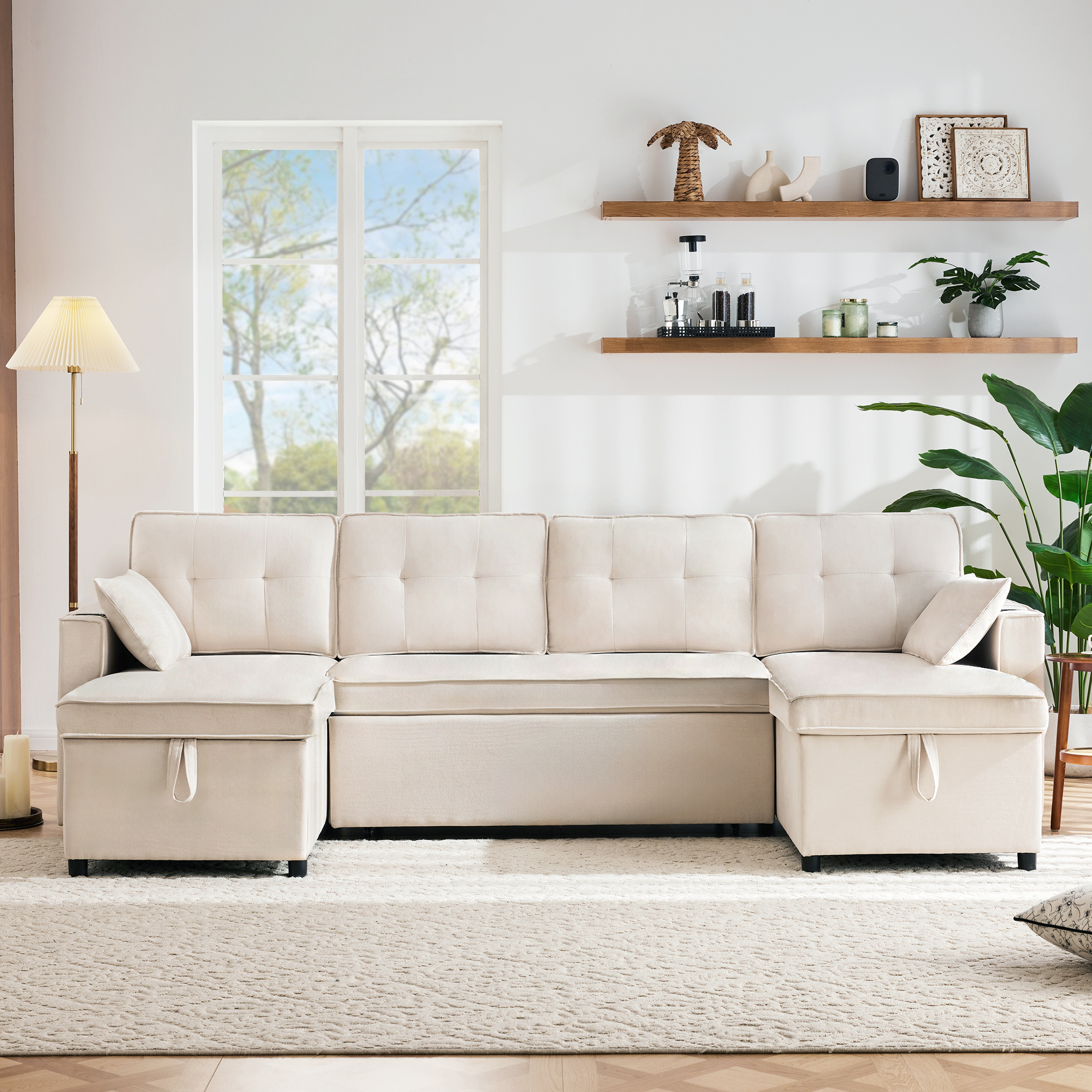Canapé convertible 4 places tissu aspect lin beige, structure métal et coffre de rangement