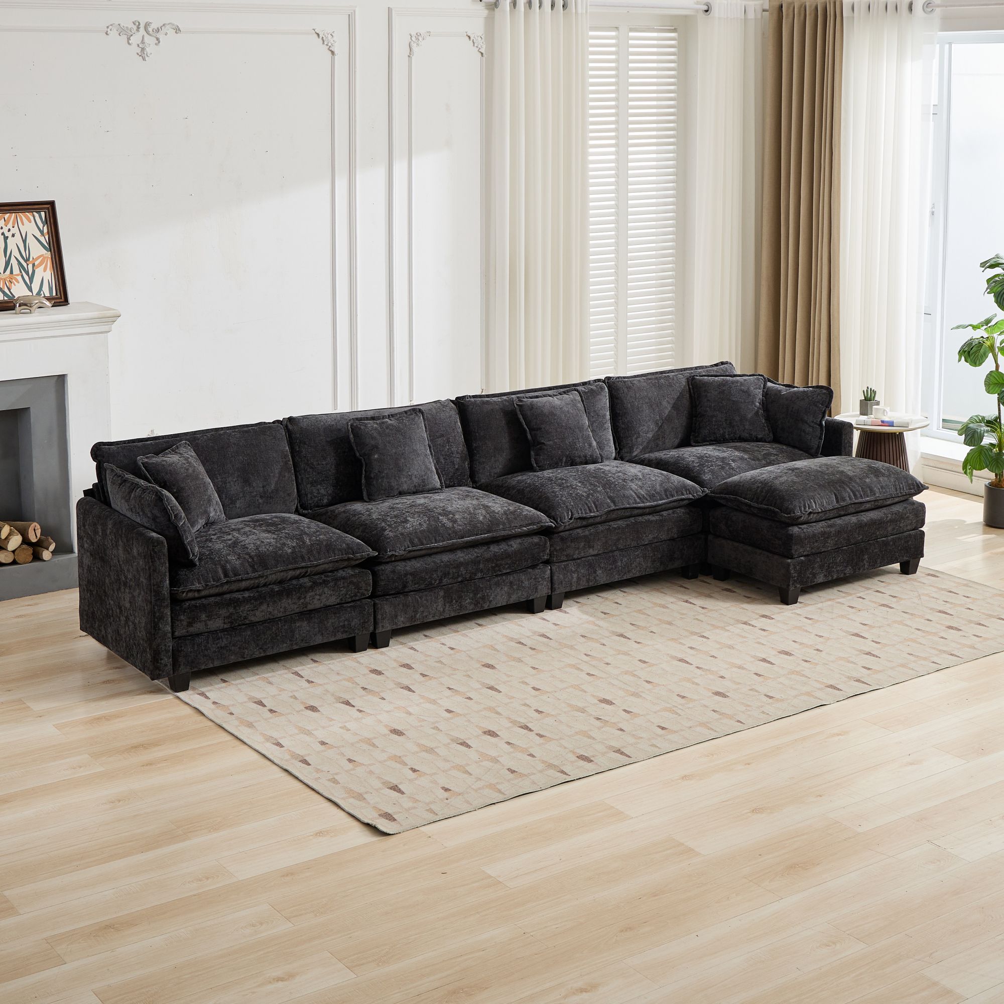 Canapé 4 places en chenille noire, canapé modulable avec coussins d'appui pour salon et appartement