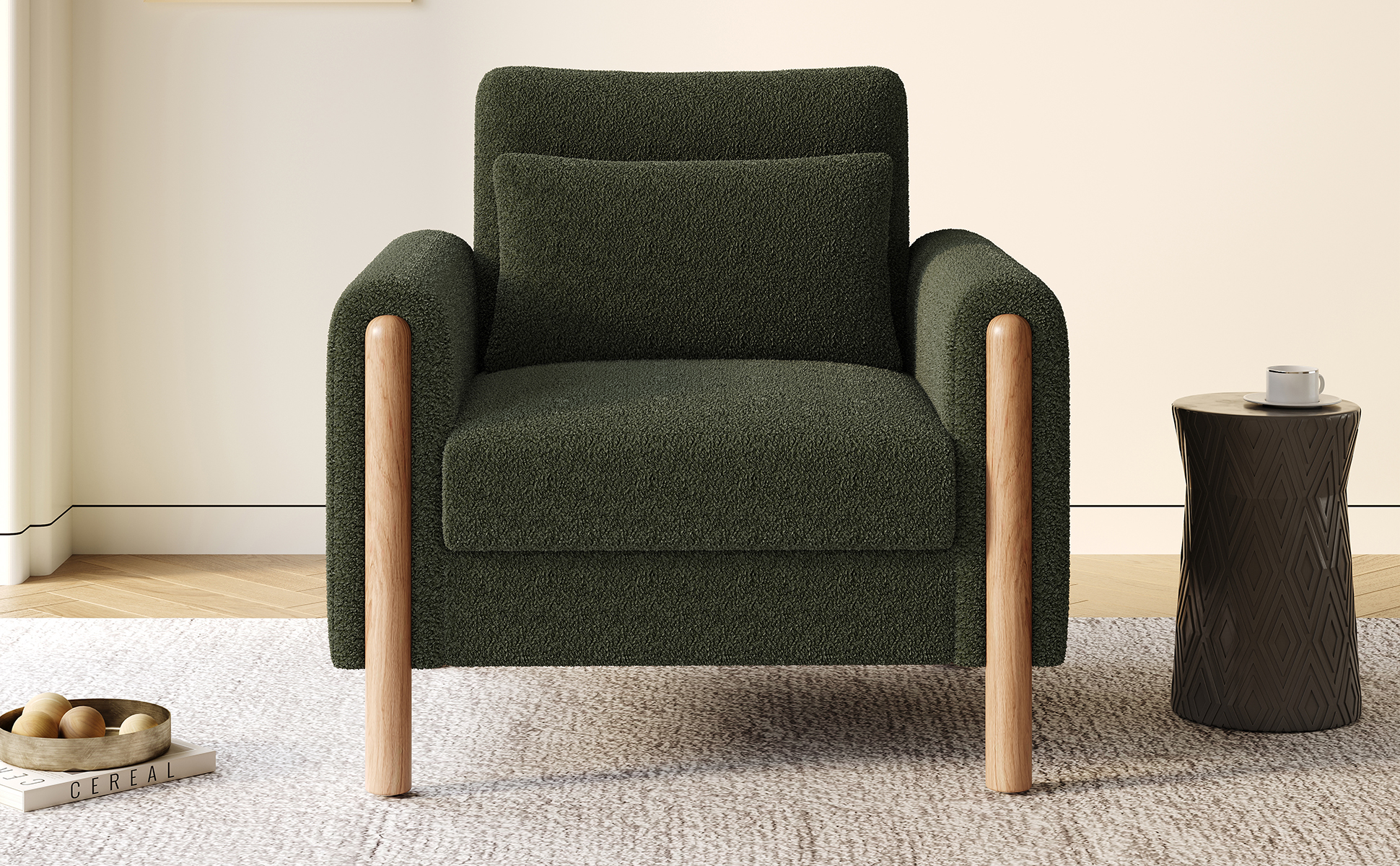 Canapé 1 place en teddy vert pour salon, chambre ou bureau, avec coussin épais et structure en bois massif