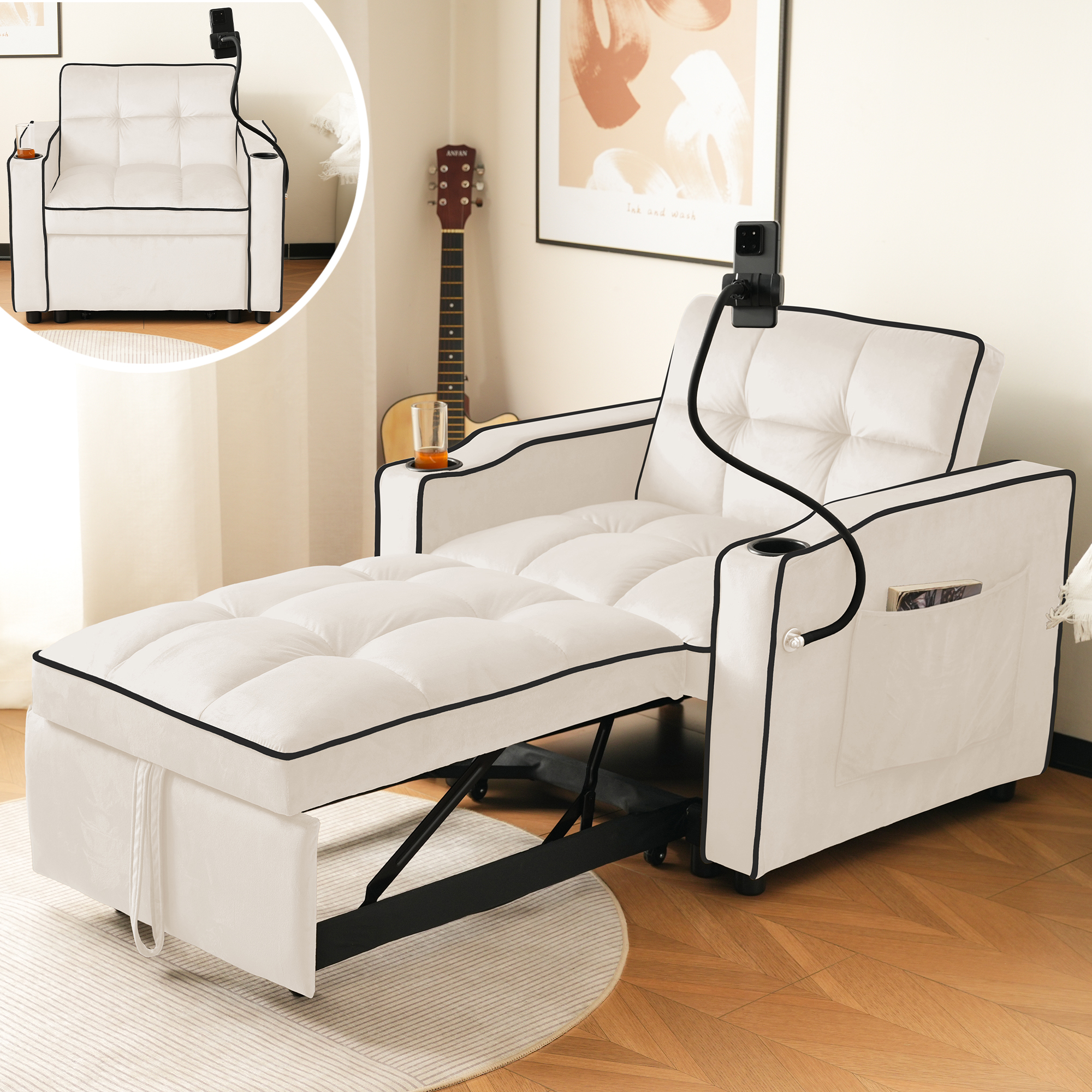 Fauteuil Convertible Lit 1 Place Beige Velours, Canapé Relax Multifonction avec Rangement Latéral et Porte-Gobelets, Design Moderne Compact