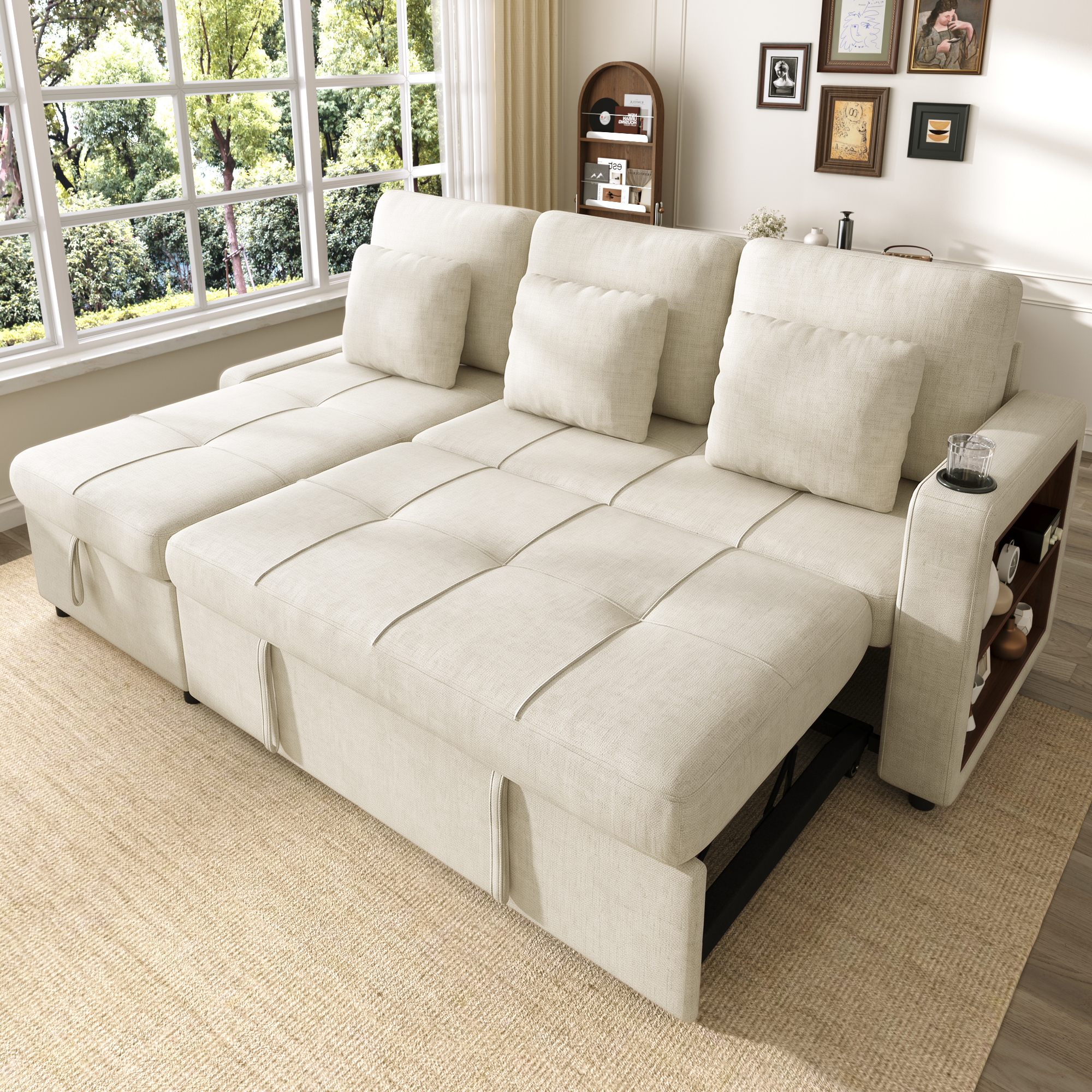 Canapé Convertible 3 Places Chenille Beige Clair - Canapé-Lit Extensible avec rangement de Rangement et Récamière
