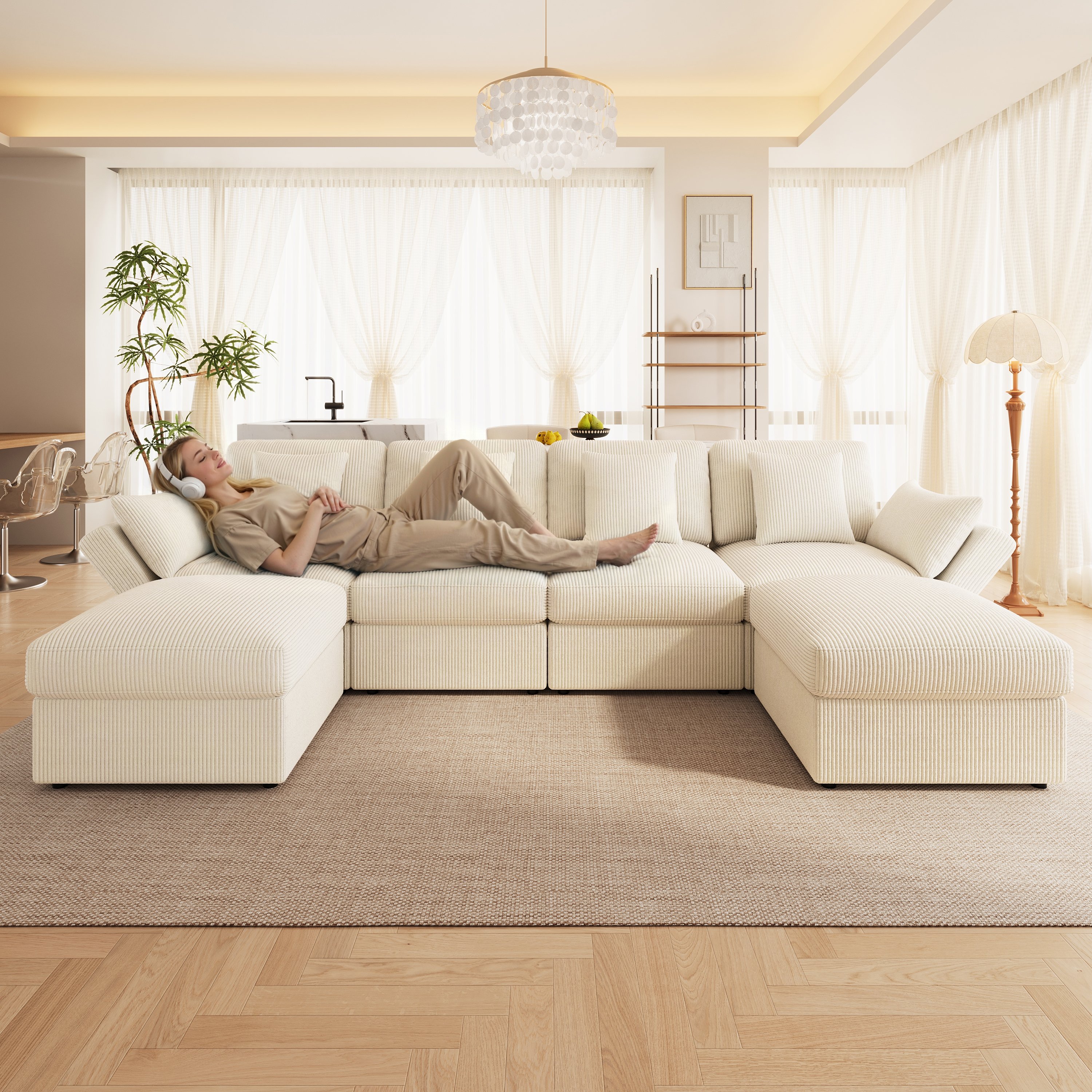 Canapé d'angle 6 places modulable avec accoudoirs réglables, pouf amovible et rangement intégré